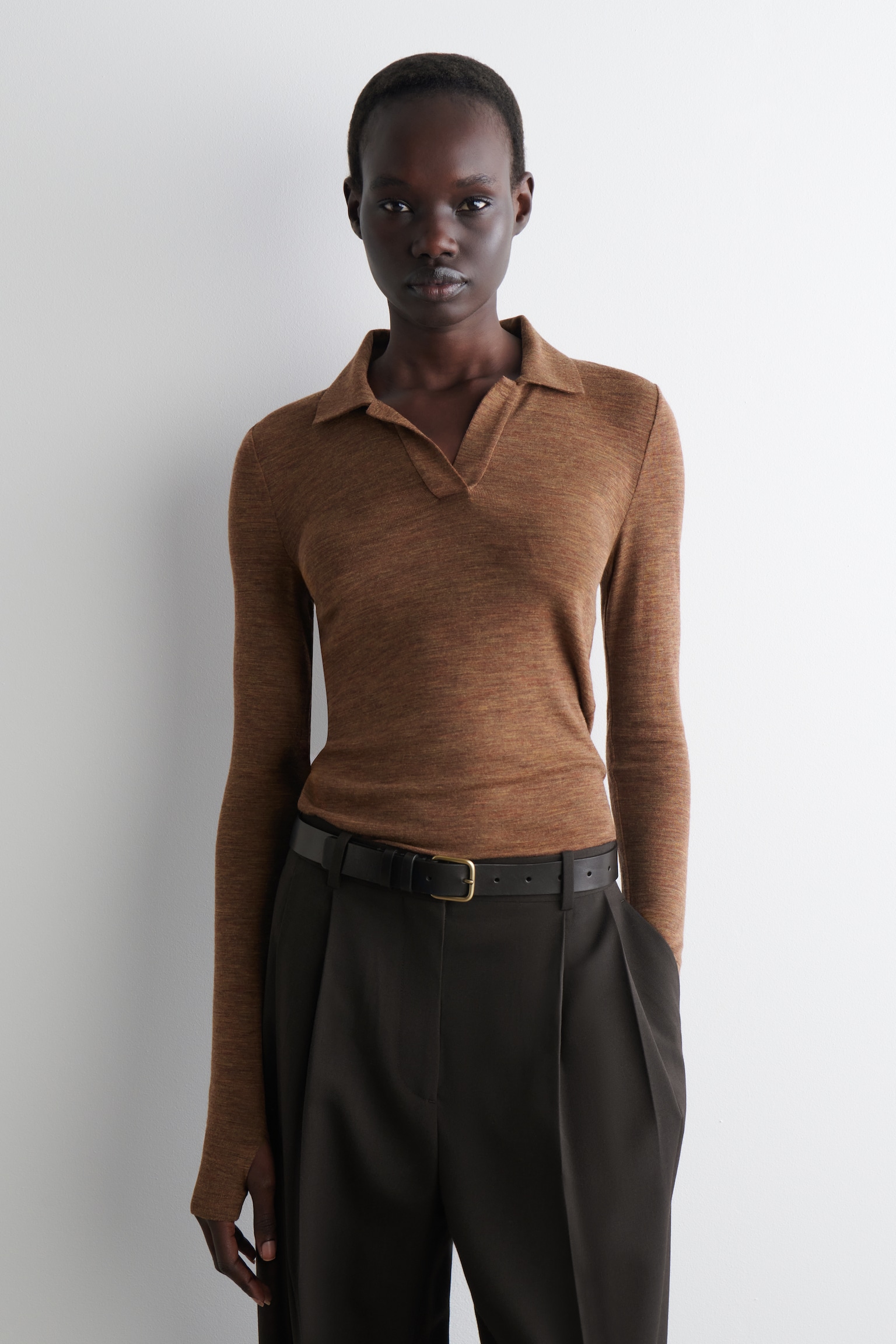 MERINO WOOL POLO SHIRT - BROWN MÉLANGE/BURGUNDY MÉLANGE/BLACK