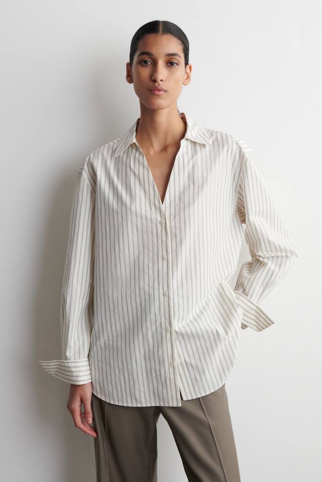 CAMISA POPELINA ALGODÓN CUELLO ABIERTO - BEIGE / RAYAS - 1
