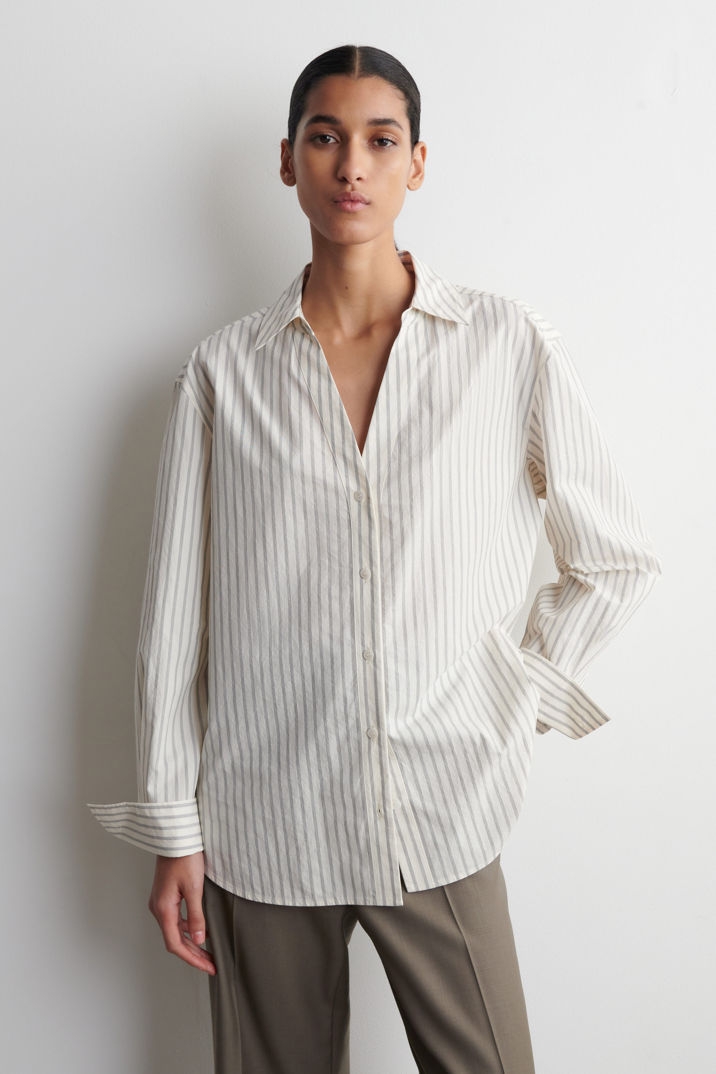 OPEN-COLLAR COTTON-POPLIN SHIRT - BEIGE / STRIPED | COS US