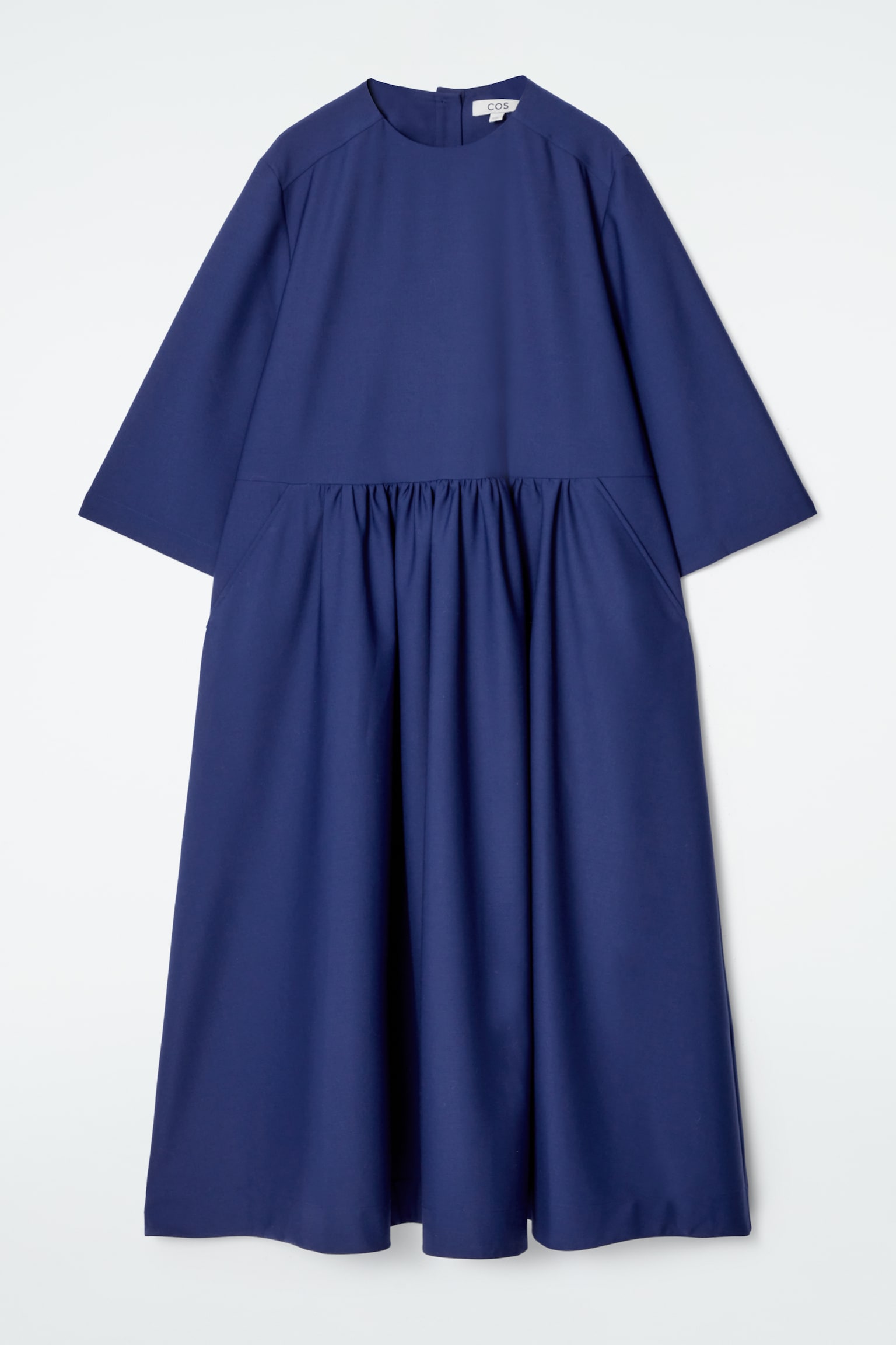 GATHERED WOOL-BLEND MIDI DRESS - BLUE