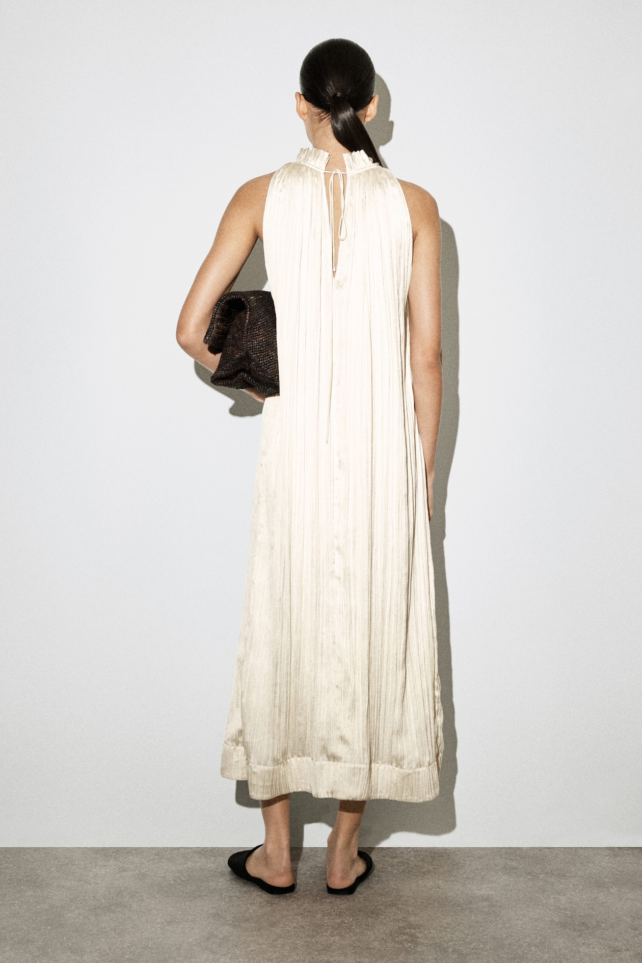 CRINKLED-SATIN MIDI DRESS — ECRU