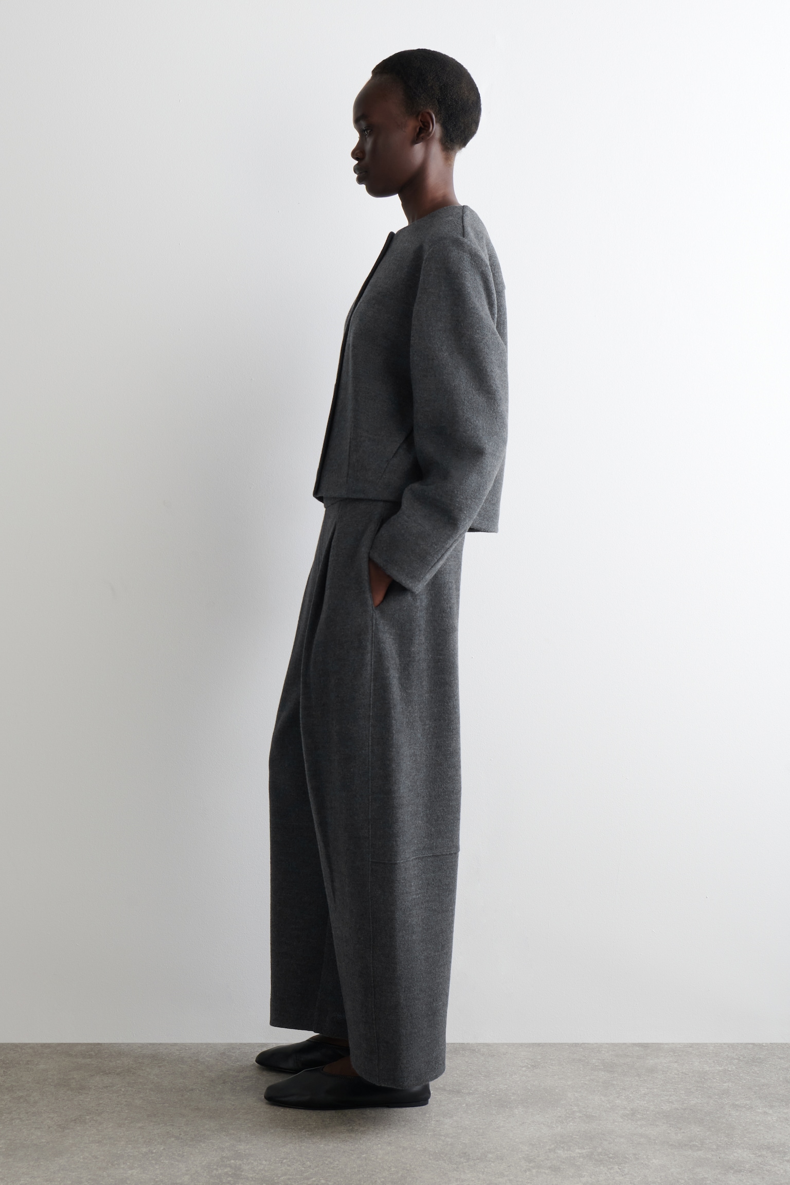 PANTALON BARREL EN LAINE BOUILLIE - GRIS FONCÉ CHINÉ/BLEU MARINE - 4