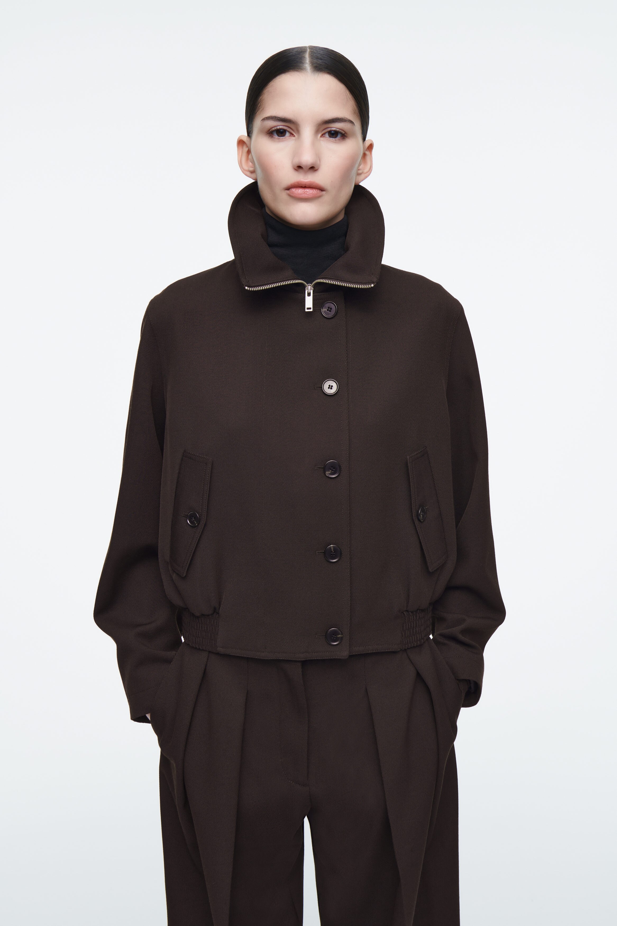 OVERSIZED FUNNEL-NECK WOOL-BLEND JACKET - DARK BROWN | COS