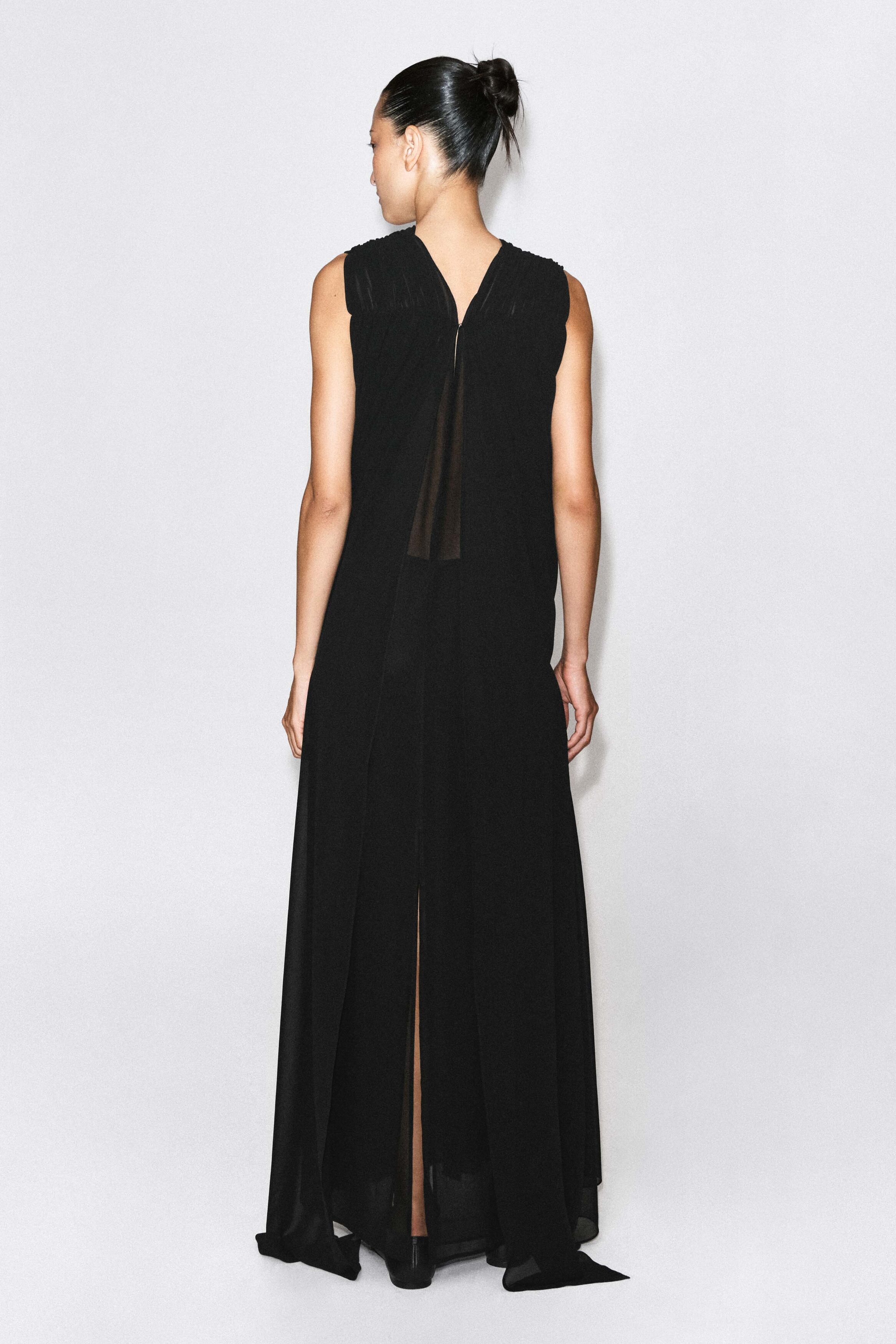 DRAPED GATHERED CHIFFON MAXI DRESS - CARBON