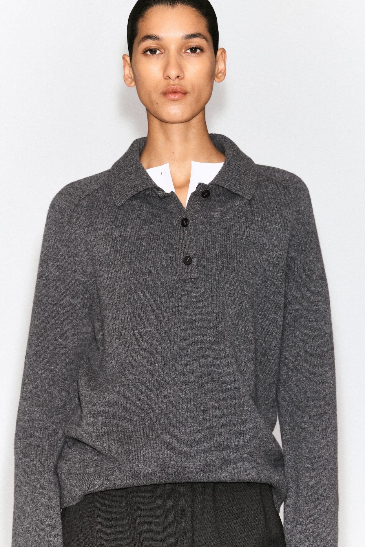 MERINO WOOL POLO SHIRT — GREY MÉLANGE