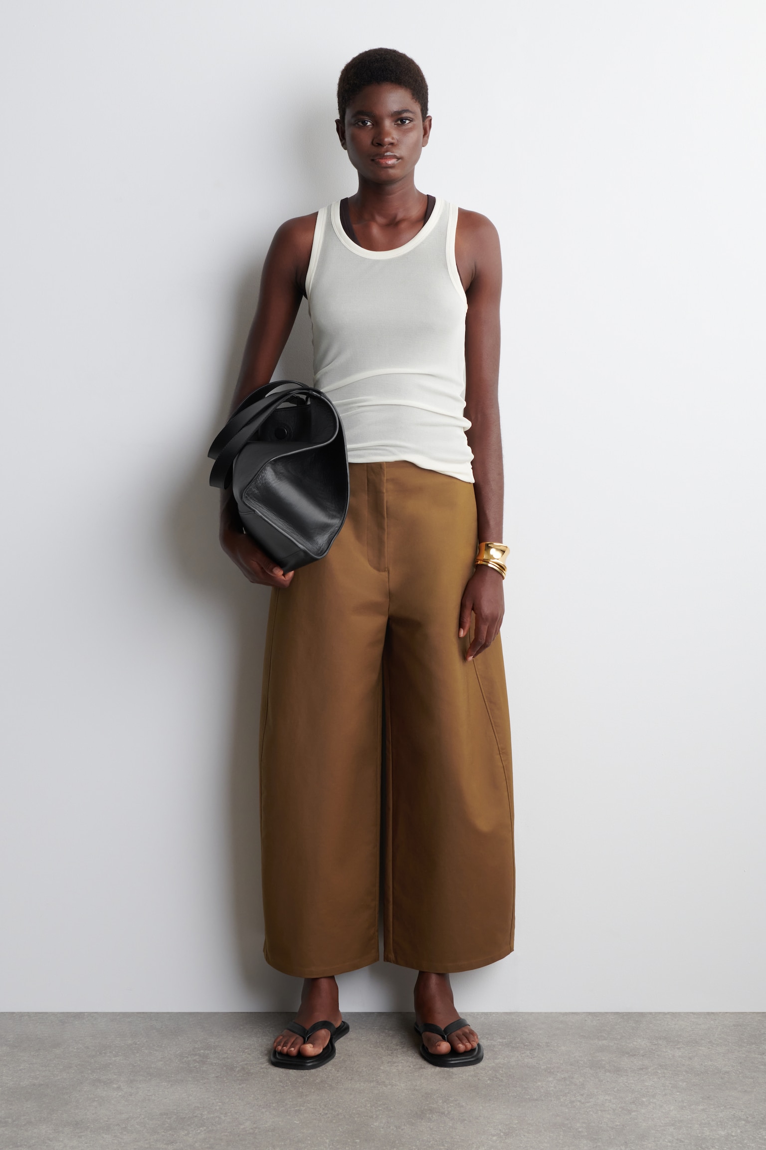 PANTALON BARREL COURT EN COTON - BRUN/BLANC