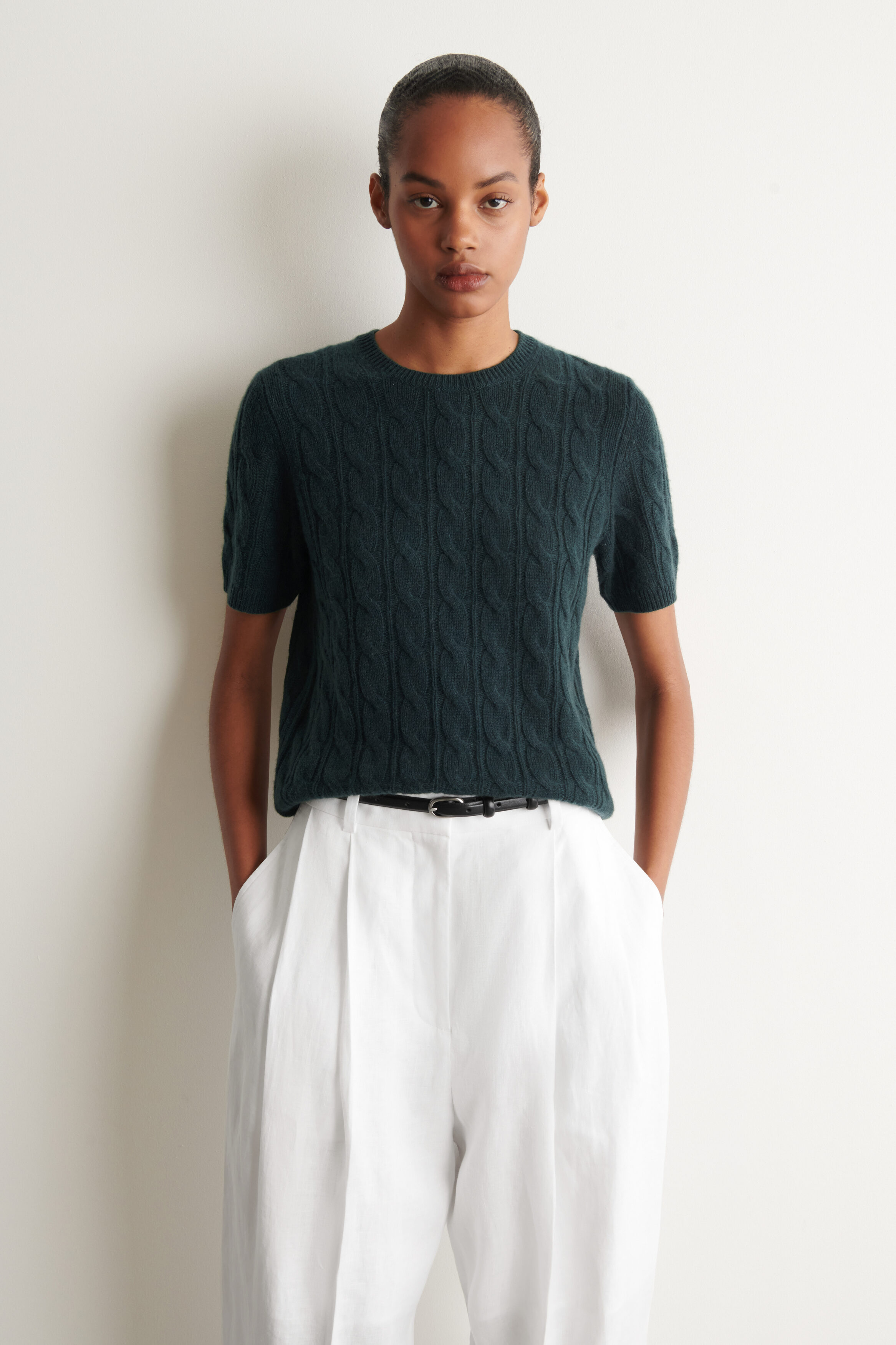 CABLE-KNIT CASHMERE T-SHIRT - DARK GREEN | COS US