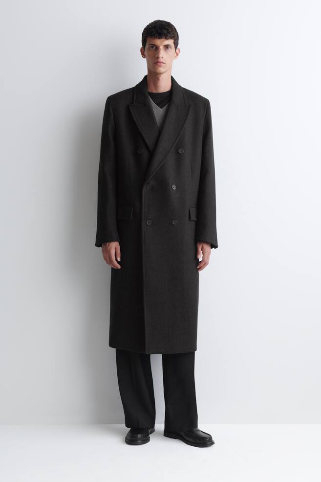 DOUBLE-BREASTED WOOL-BLEND LONG COAT - CHARCOAL MÉLANGE/DARK-BROWN MÉLANGE - 1