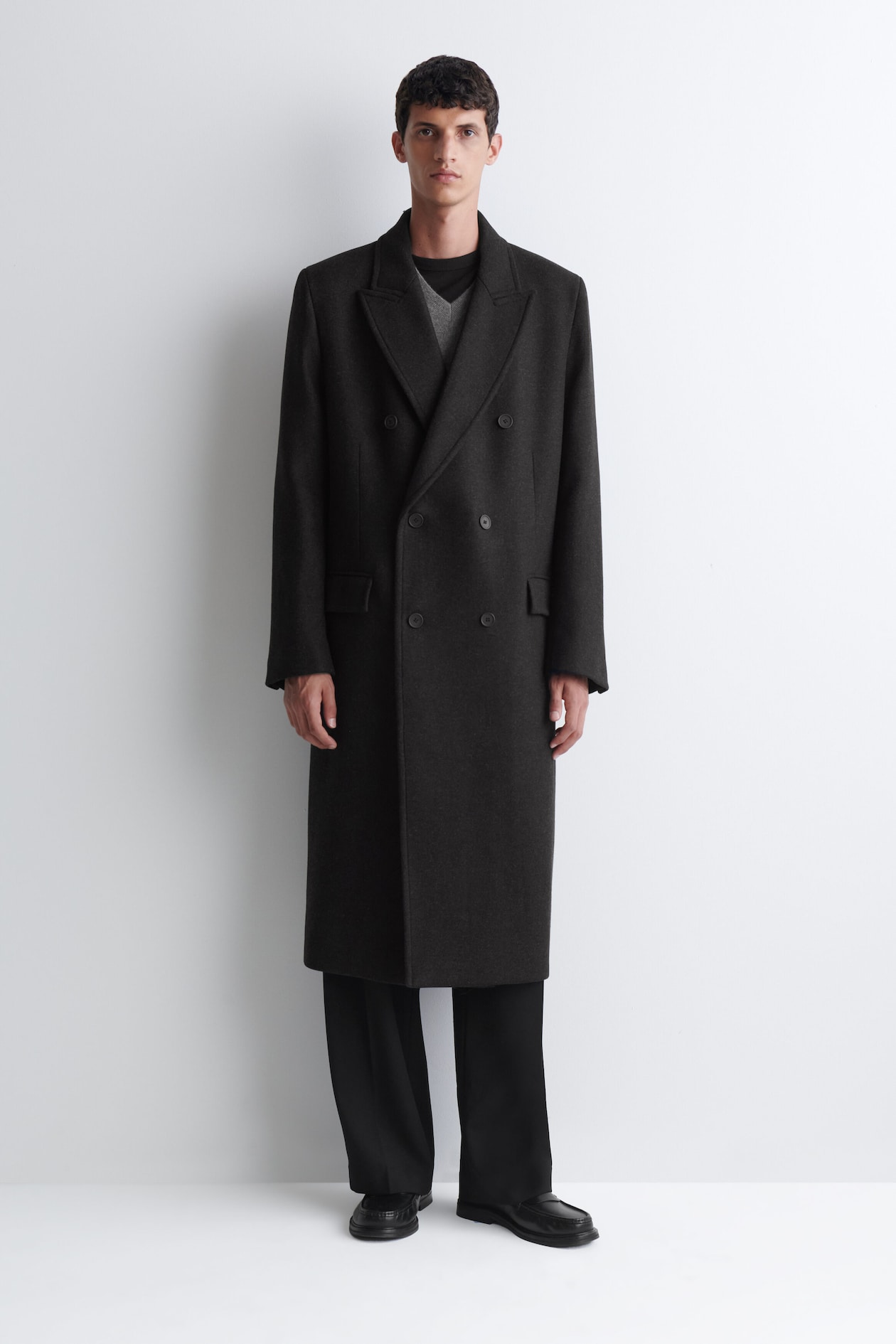 DOUBLE-BREASTED WOOL-BLEND LONG COAT — CHARCOAL MÉLANGE