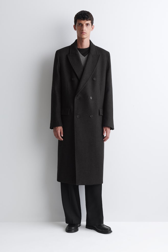 DOUBLE-BREASTED WOOL-BLEND LONG COAT — CHARCOAL MÉLANGE