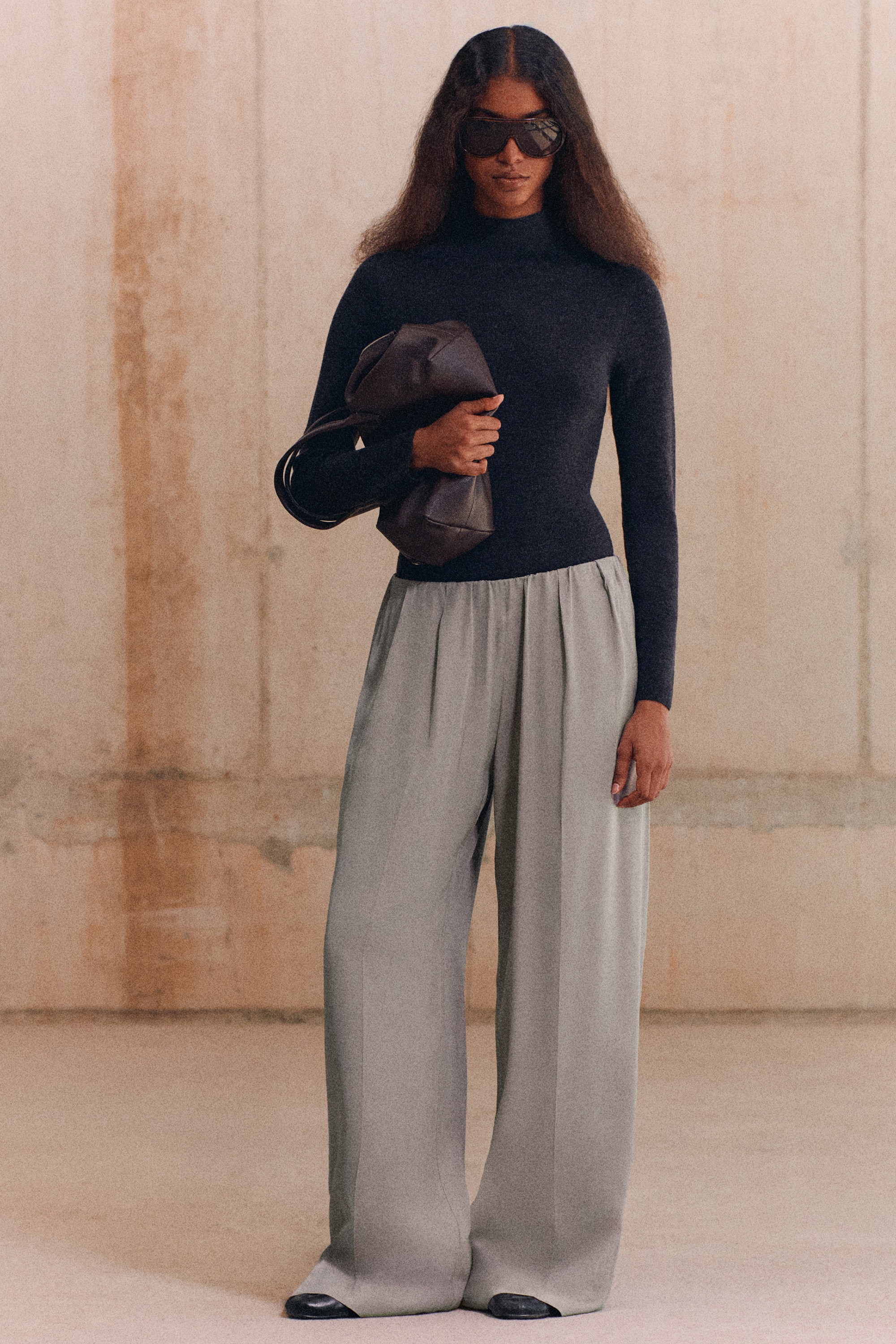 Broek van twill met rechte pijpen en elastische taille - Lichtgrijs/ZWART