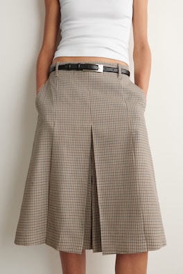 BOX-PLEAT WOOL MIDI SKIRT — BEIGE / CHECKED 3