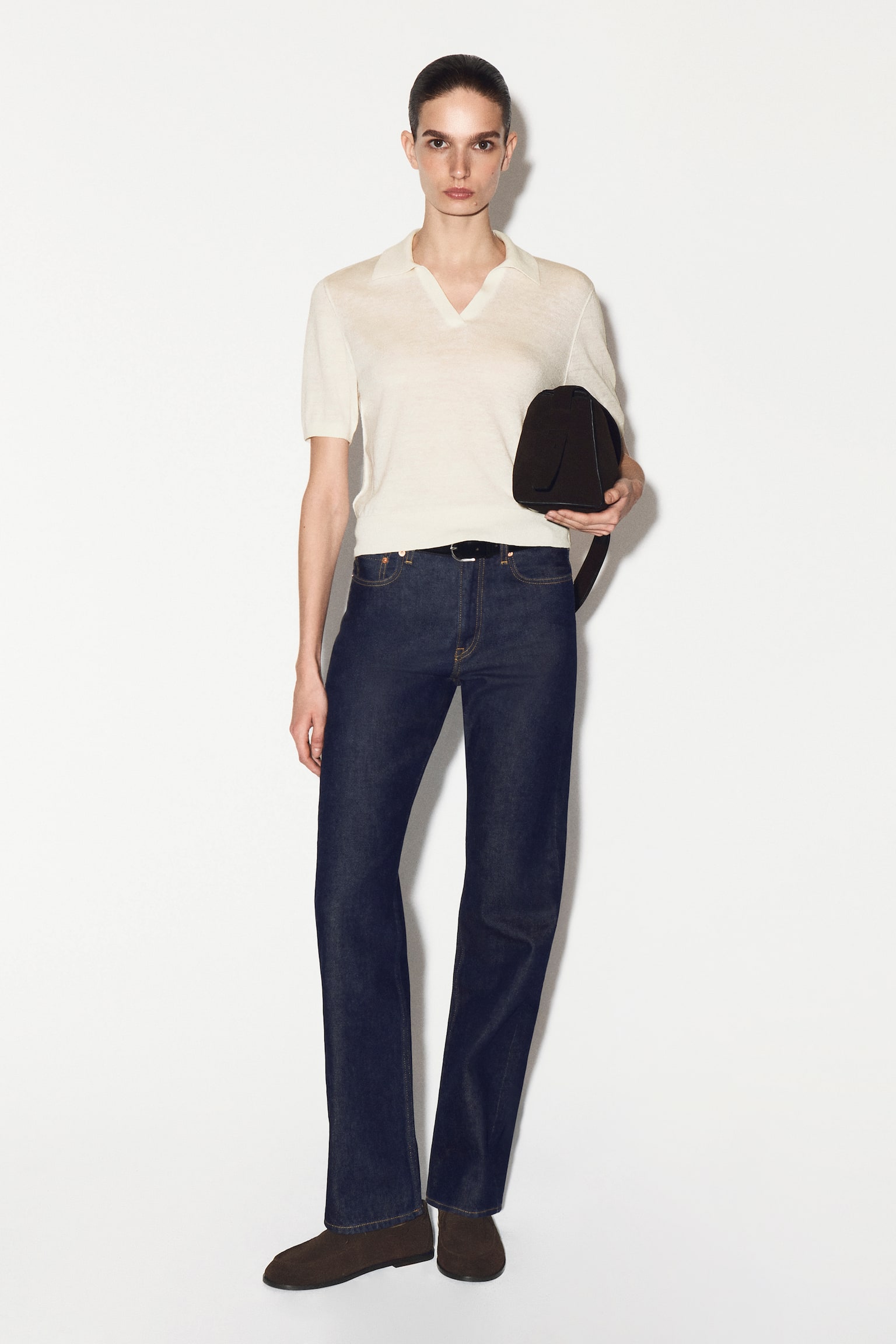 STICKAD TRÖJA MED KRAGE I LINNE OCH MERINOULL - KRÄM/BLÅ - 4