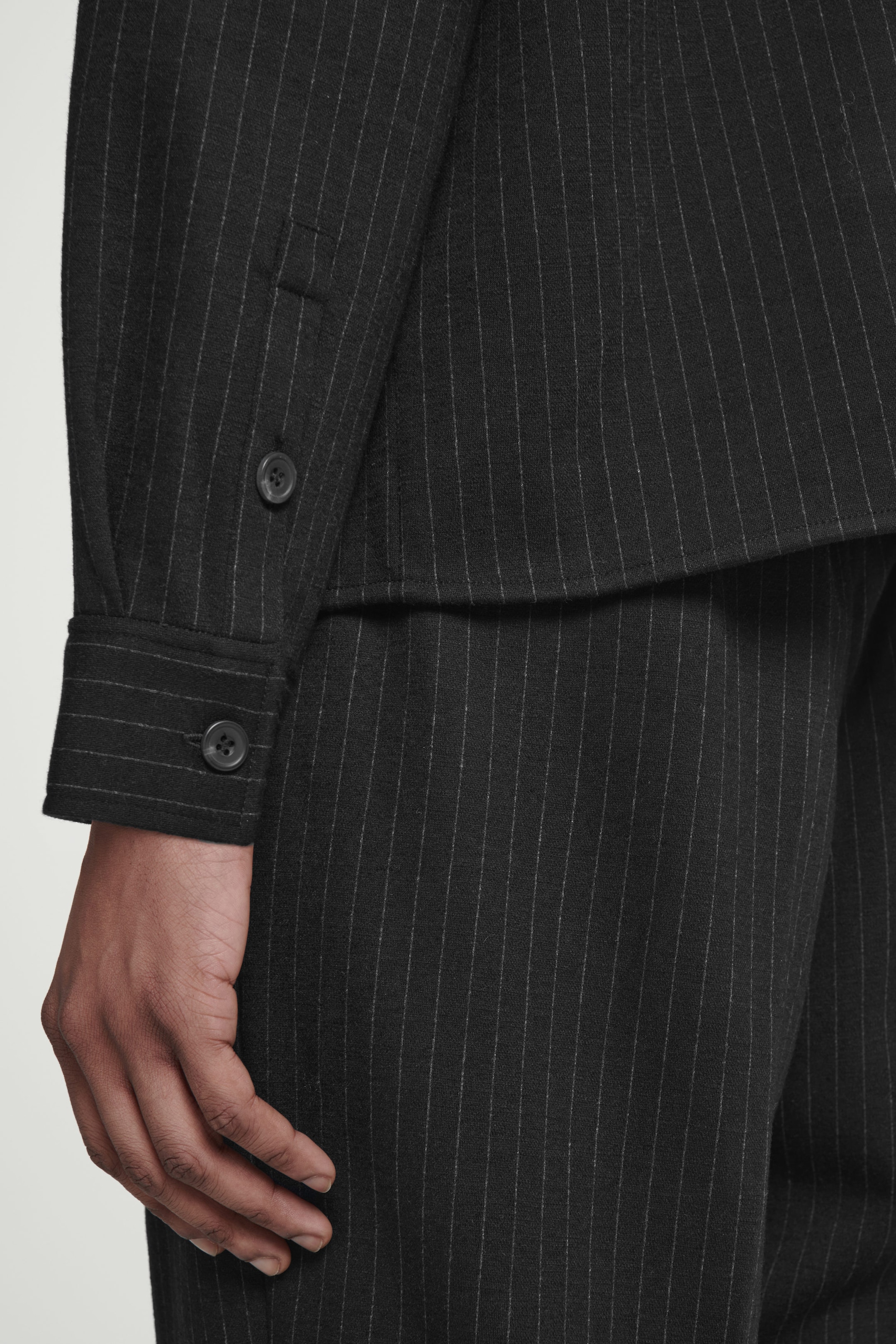 RELAXED PINSTRIPED WOOL-BLEND JERSEY SHIRT