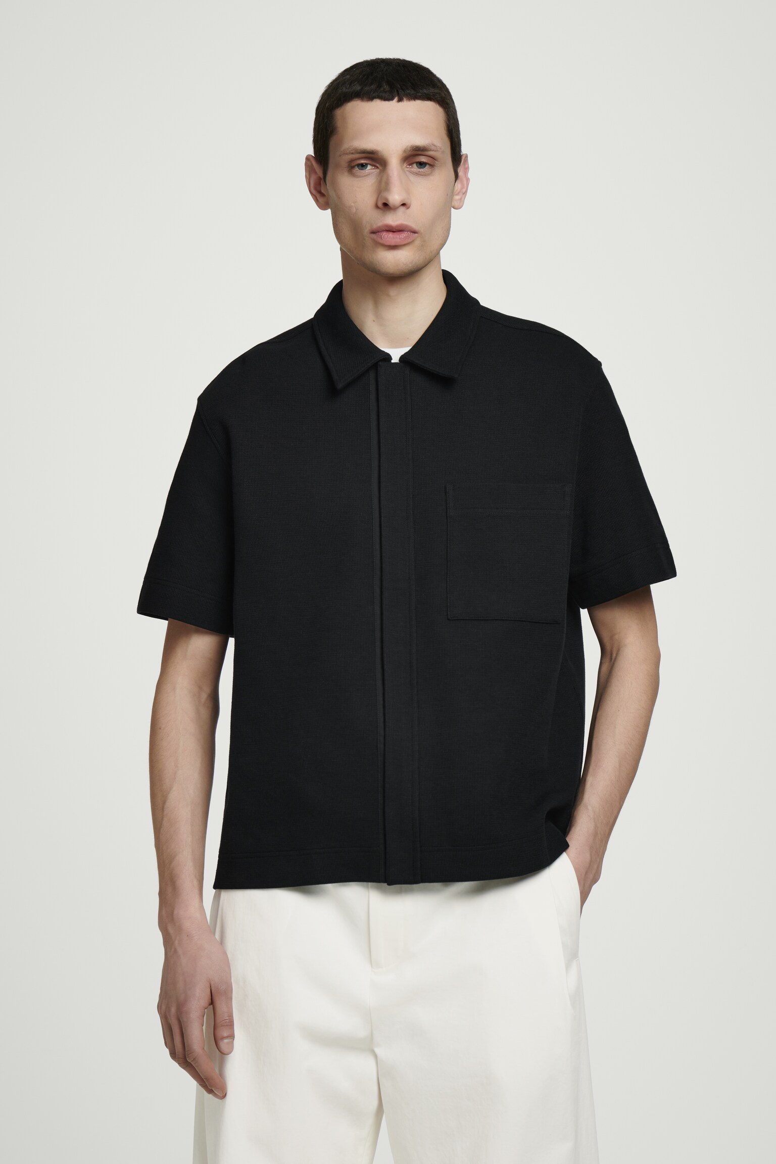 TEXTURED COTTON-JERSEY ZIP-UP SHIRT - BLACK/LIGHT MOLE