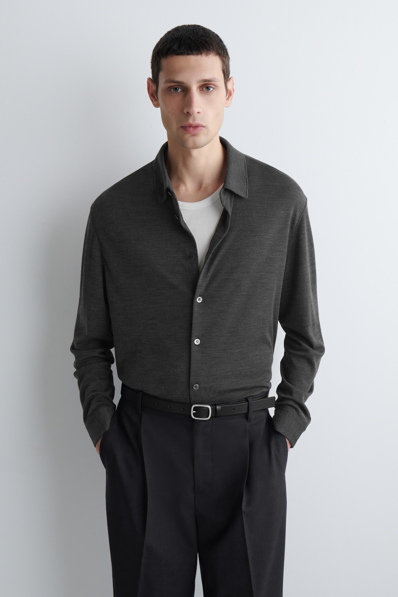 WOOL-BLEND JERSEY SHIRT - DARK-GREY MÉLANGE/NAVY MÉLANGE - 1