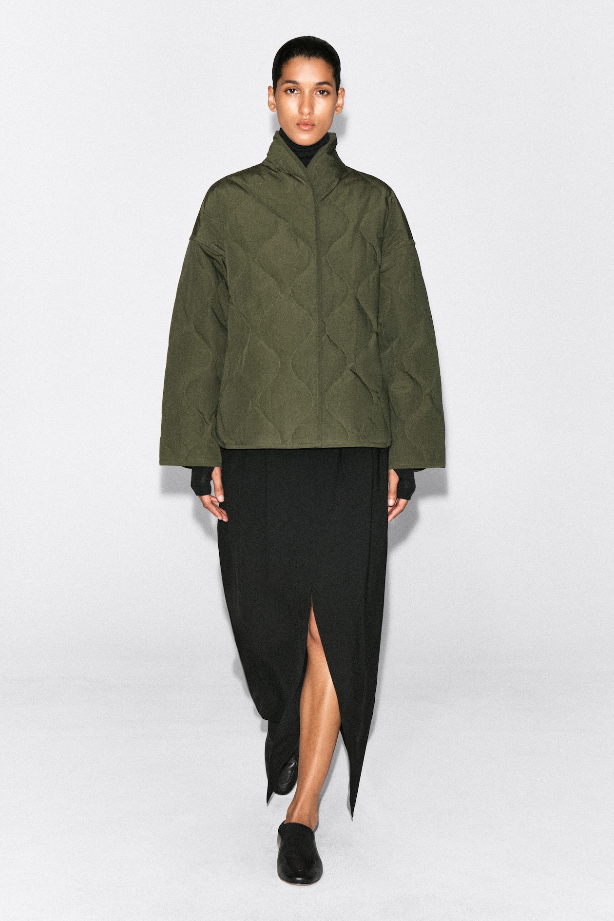 SHAWL-COLLAR QUILTED JACKET — KHAKI