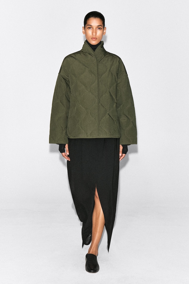 SHAWL-COLLAR QUILTED JACKET — KHAKI