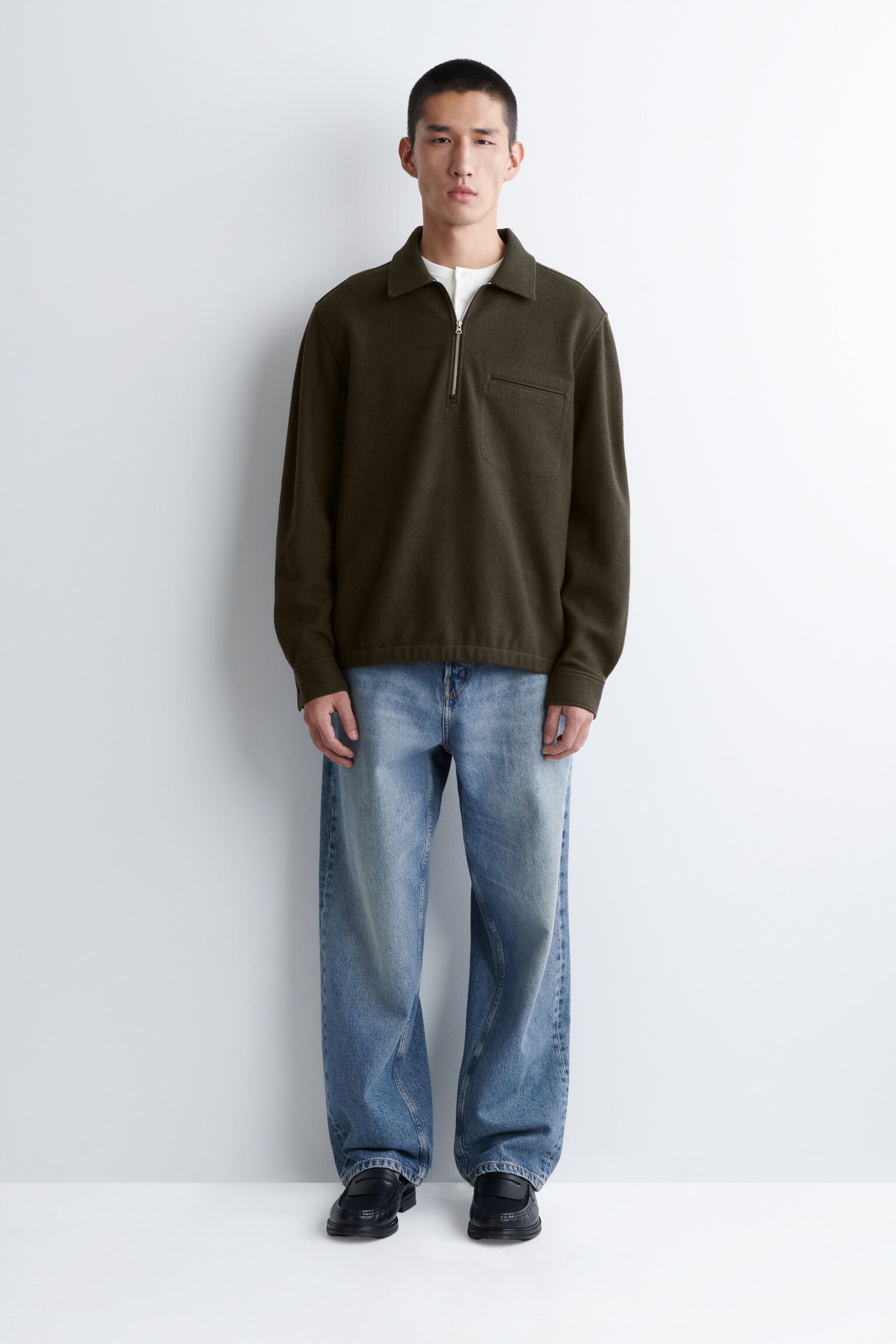 BOILED-WOOL ZIP-UP POLO JUMPER - KHAKI/CREAM/NAVY - 6