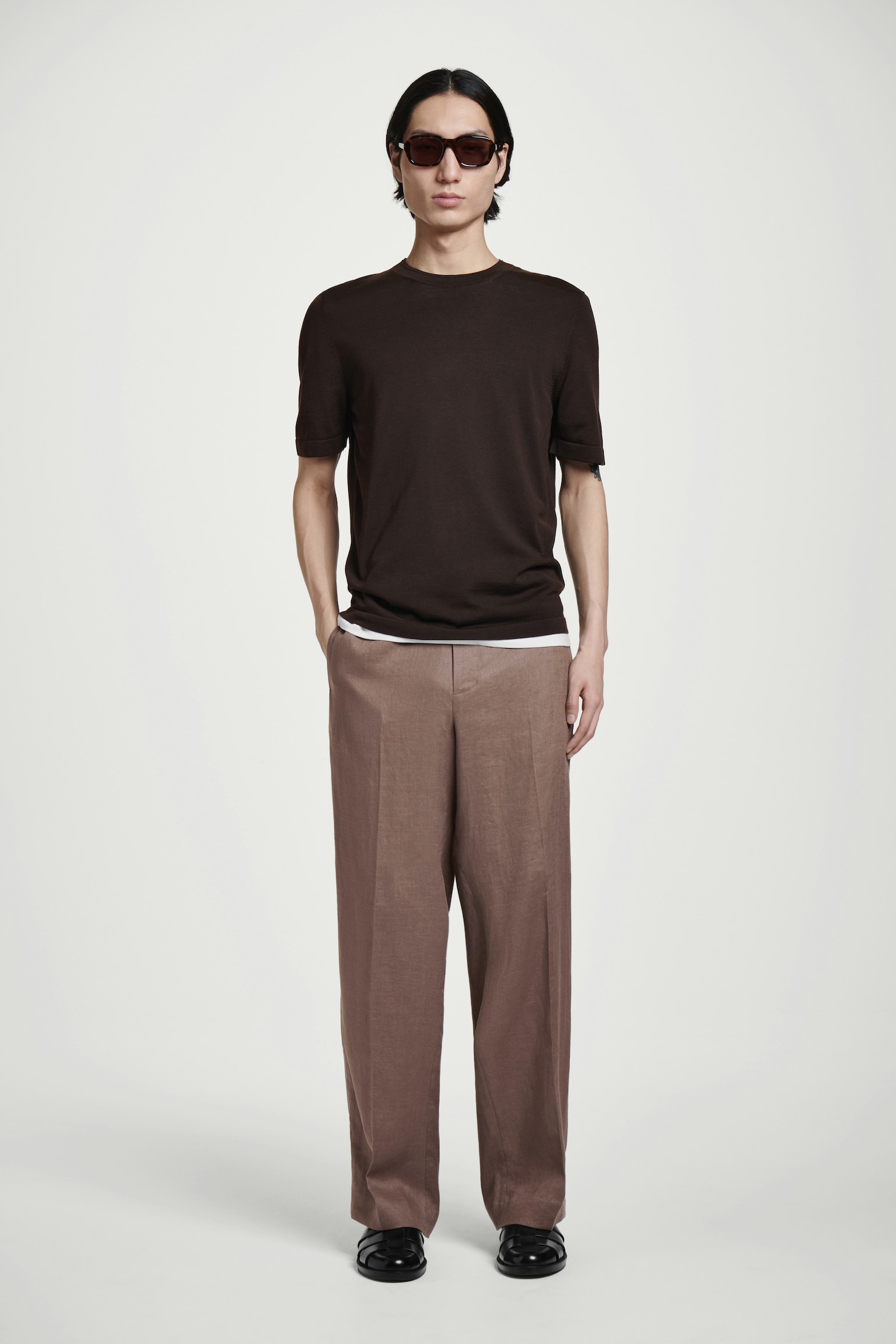 ELASTICATED LINEN STRAIGHT-LEG TROUSERS - BROWN/NAVY/BLACK/WHITE