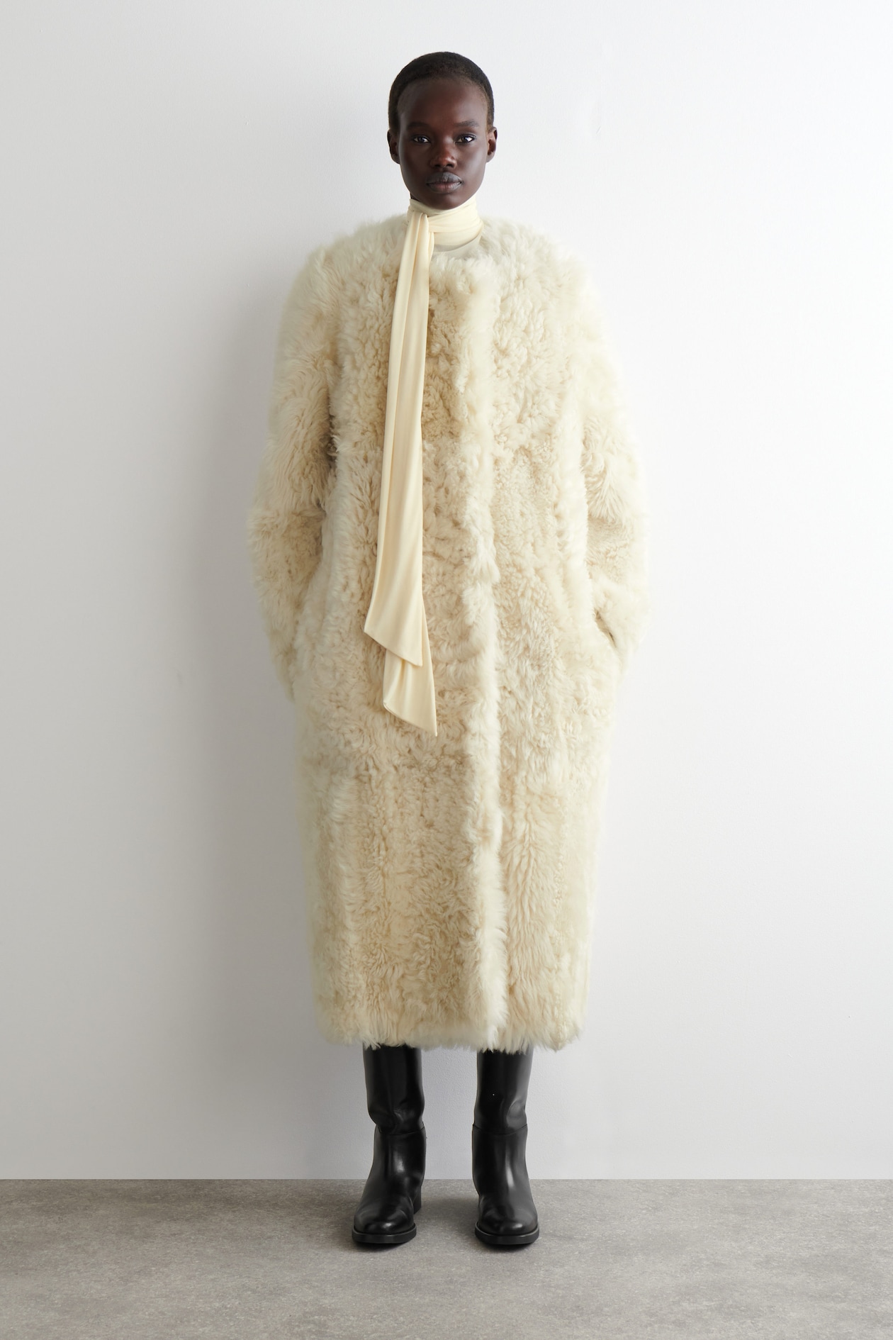 COLLARLESS SHEARLING LONG COAT - CREAM | COS GB