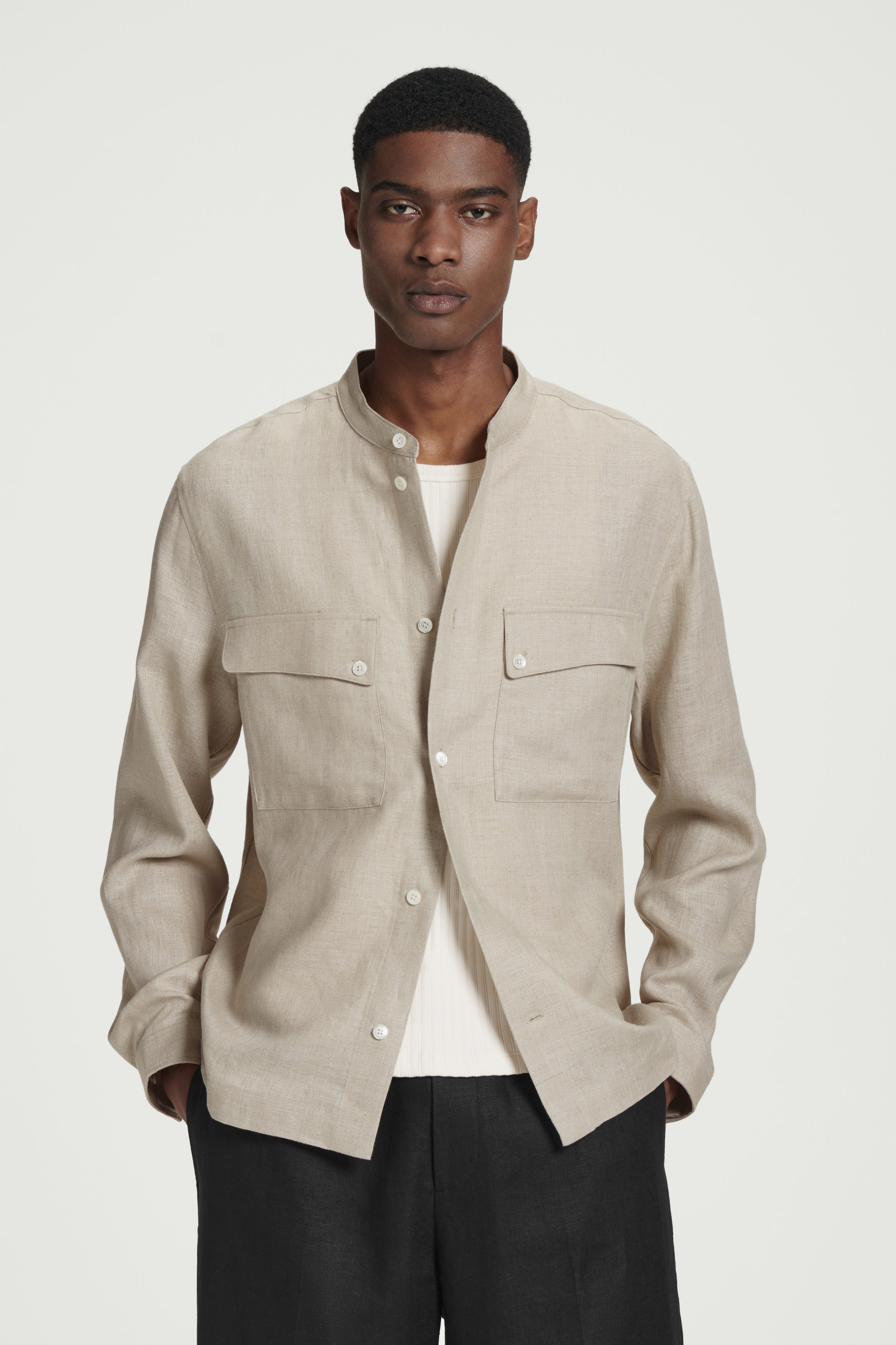 GRANDAD-COLLAR LINEN OVERSHIRT - BEIGE | COS