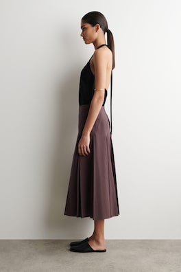 PLEATED COTTON-LINEN MIDI SKIRT — BURGUNDY 3