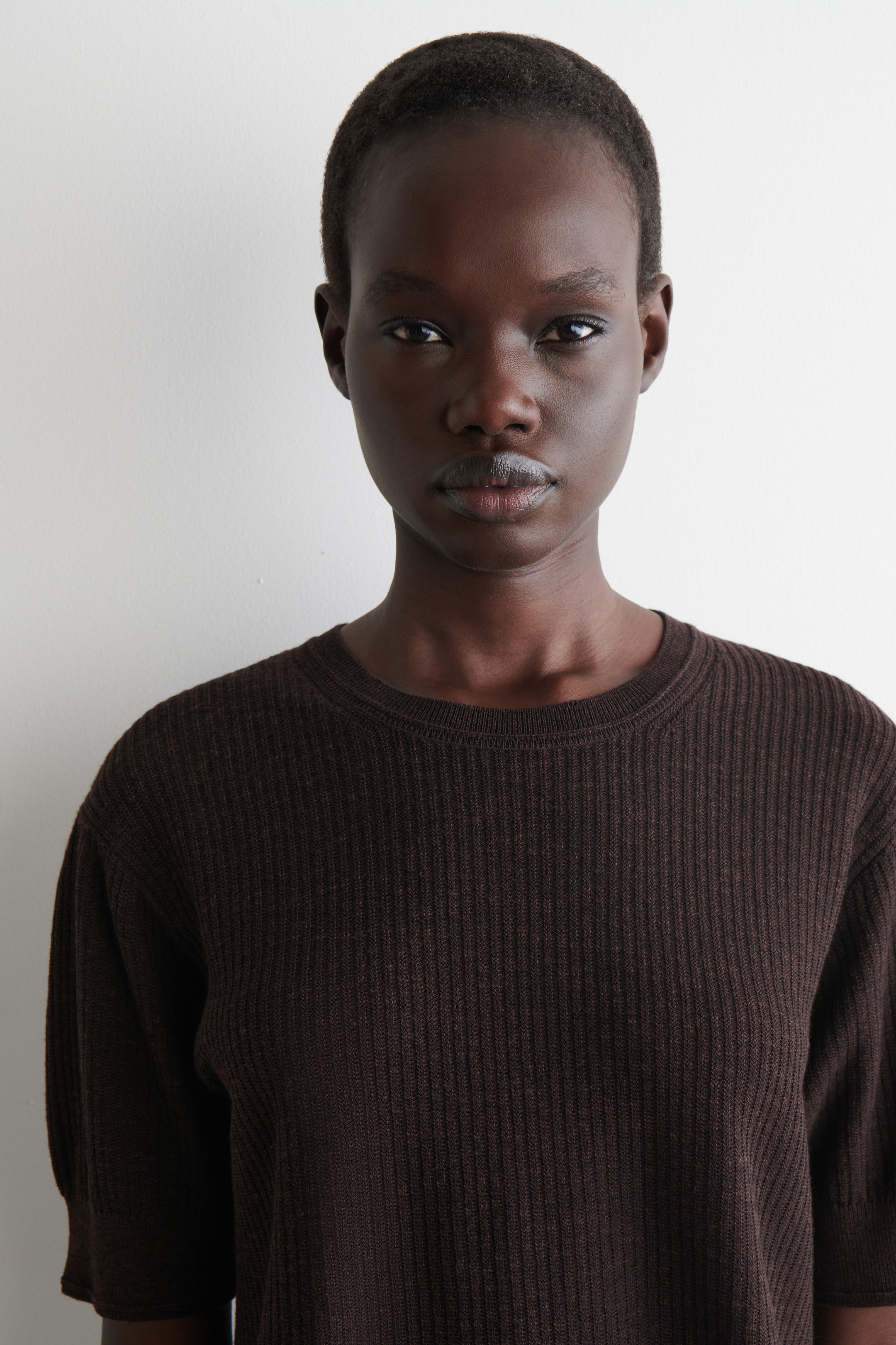 View larger image: A dark brown T-shirt is being presented in a front view. It is featuring a prominent vertical ribbed knit, a crew neck, and short sleeves.
