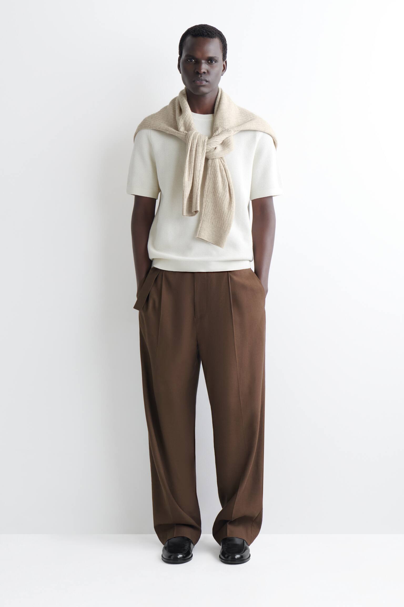 WAFFLE-KNIT COTTON T-SHIRT - OFF-WHITE/KHAKI - 7