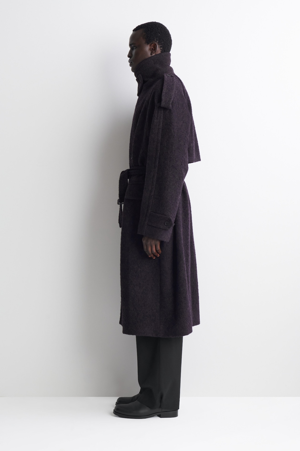 DOUBLE-FACED WOOL-BLEND HERRINGBONE COAT — DARK BROWN