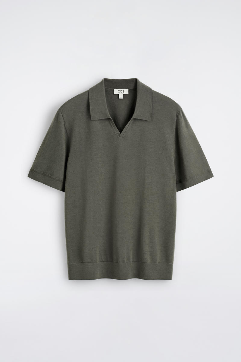 Open-Collar Merino Wool Polo Shirt in Green