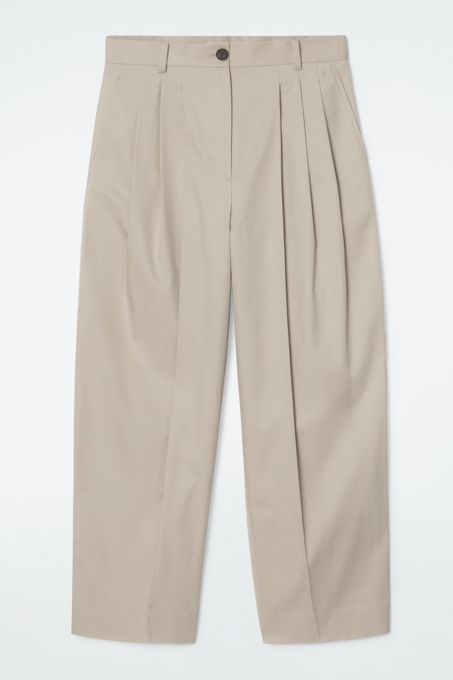 PLEATED BARREL-LEG COTTON TROUSERS - BEIGE/NAVY