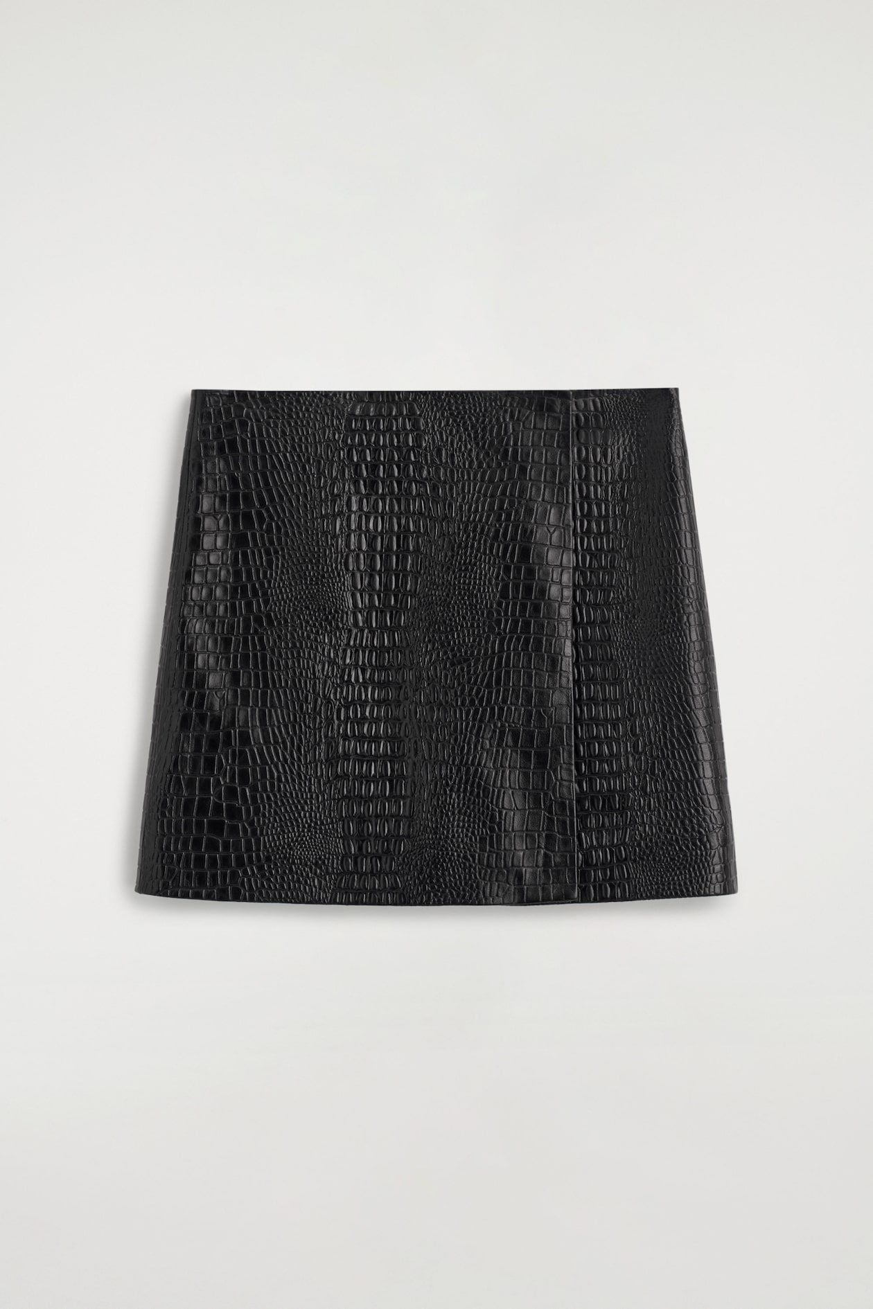 CROC-EFFECT LEATHER MINI WRAP SKIRT — BLACK