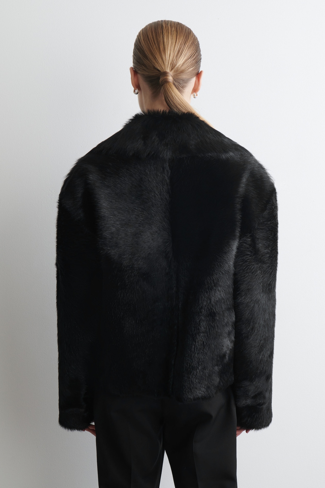 COLLARED PONY HAIR-EFFECT LEATHER JACKET — BLACK