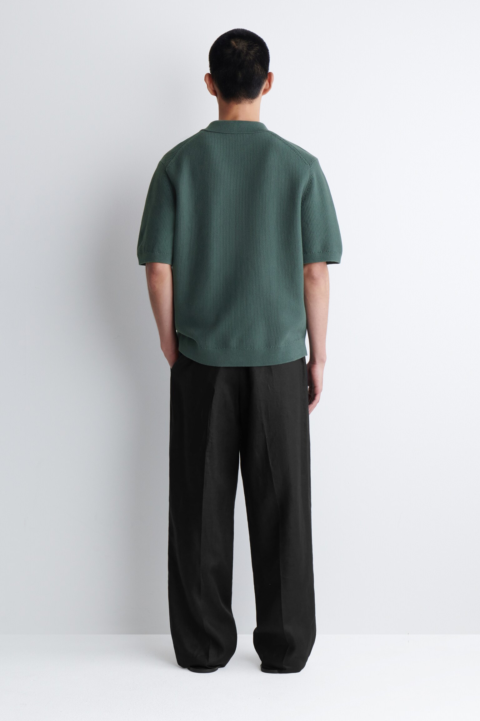 CHEMISE DEMI-ZIPPÉE EN MAILLE DE COTON GAUFRÉE - VERT PIN/BLANC - 5