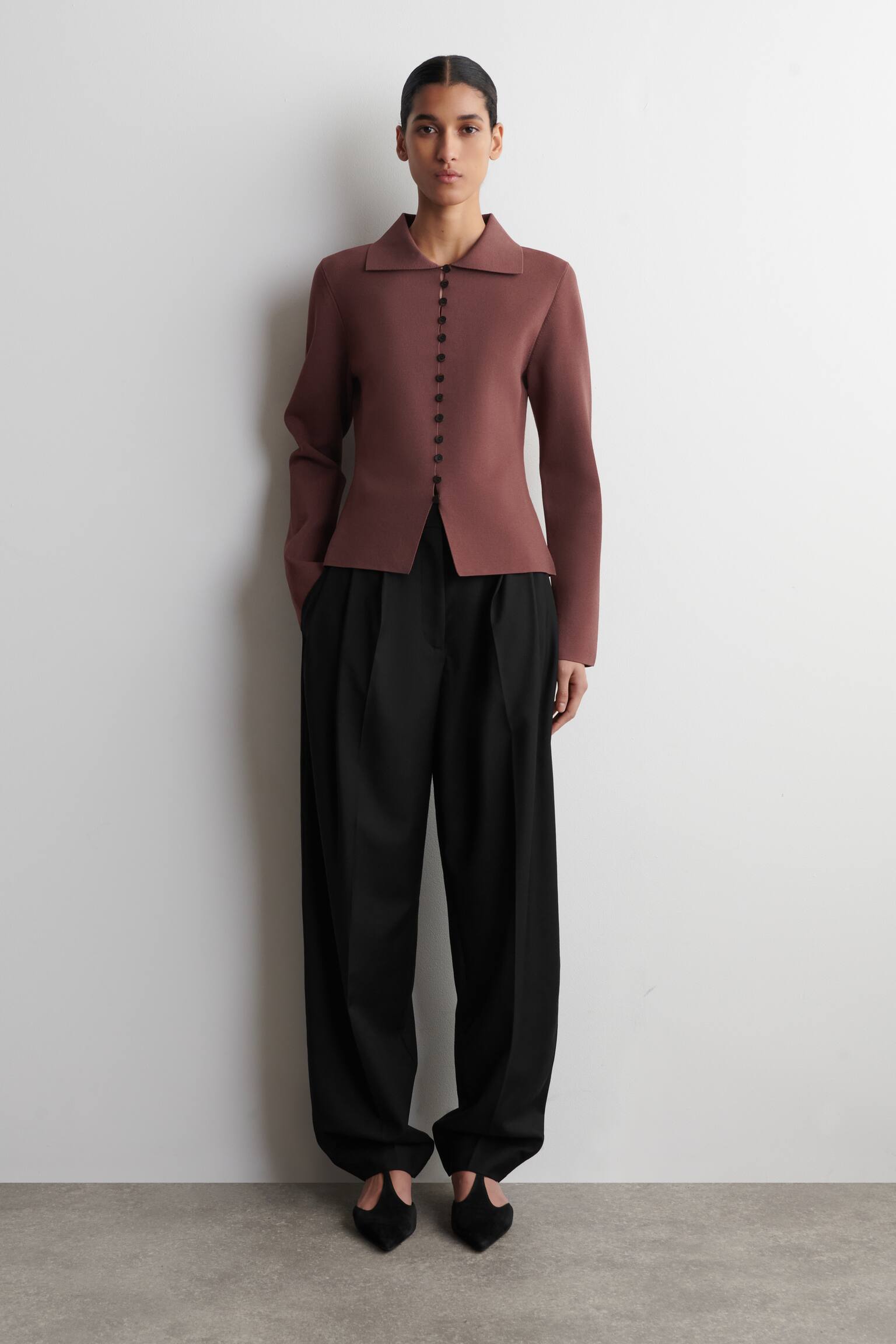 WAISTED MILANO-KNIT CARDIGAN - חום/חום כהה - 3