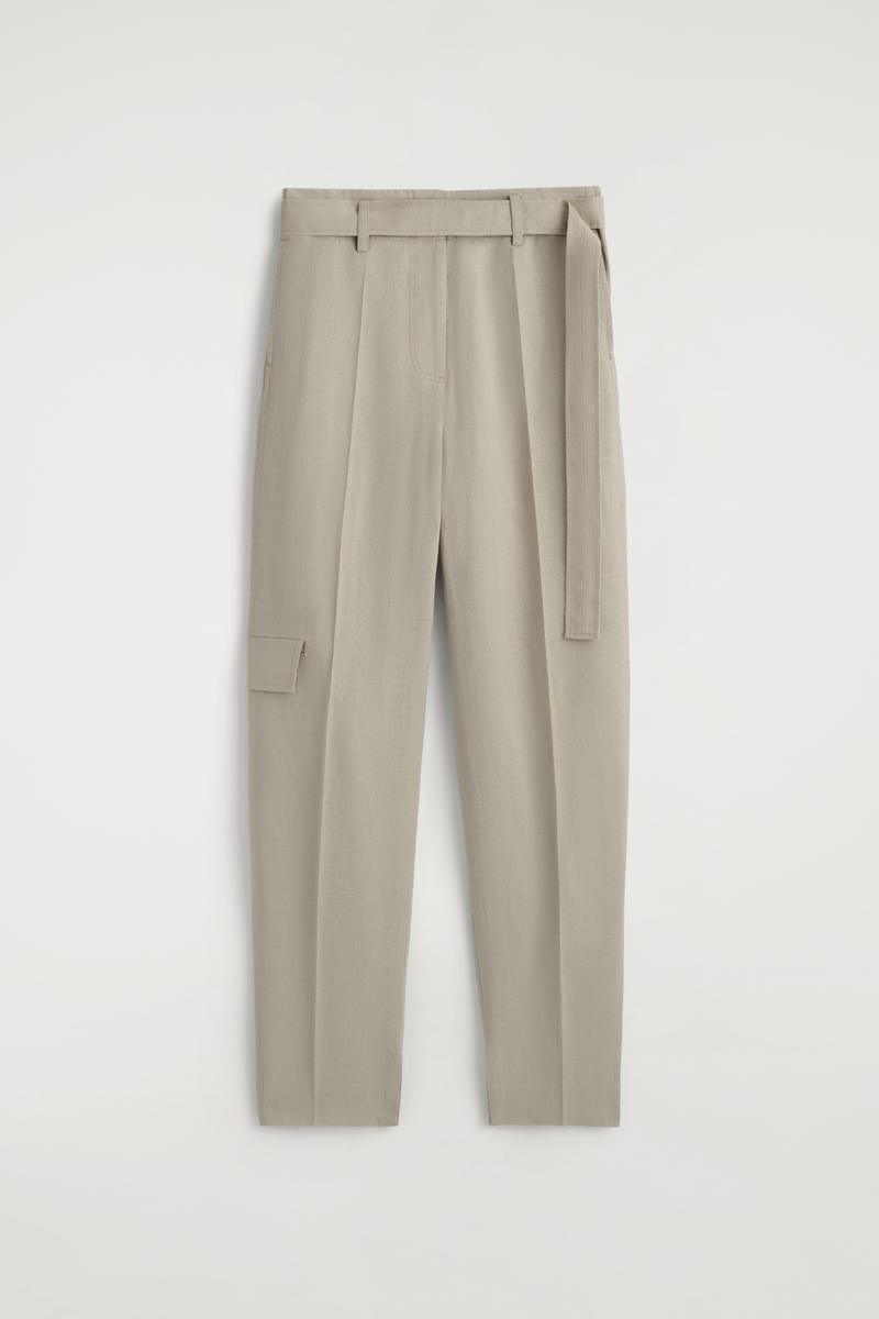 Belted Linen Barrel-Leg Pants in Beige