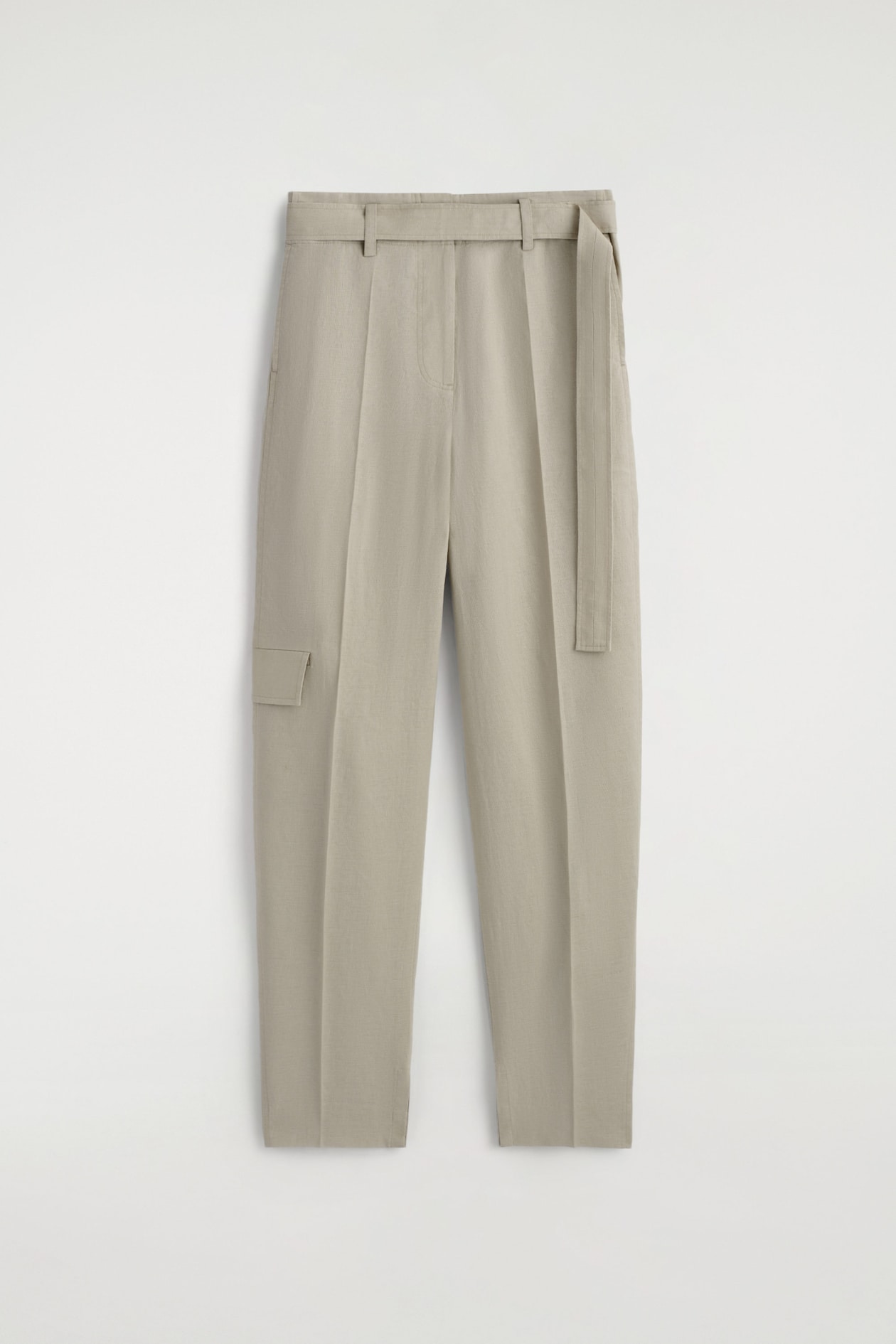 BELTED LINEN BARREL-LEG TROUSERS — BEIGE