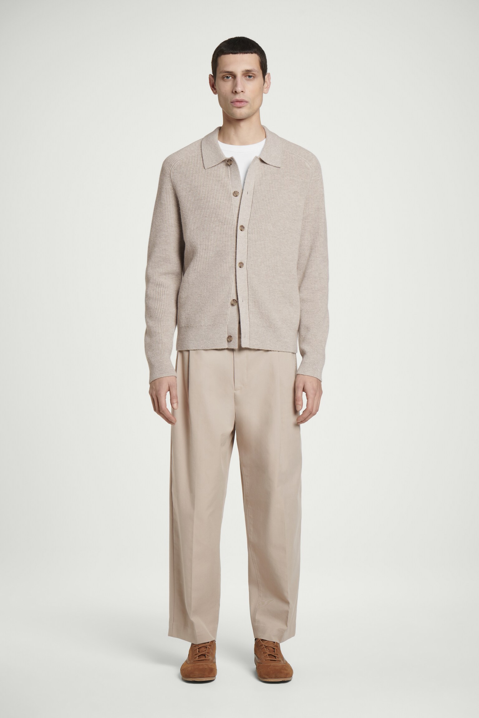PANTALON À PLIS FUSELÉ DÉCONTRACTÉ EN COTON - TAUPE/BLEU MARINE - 1
