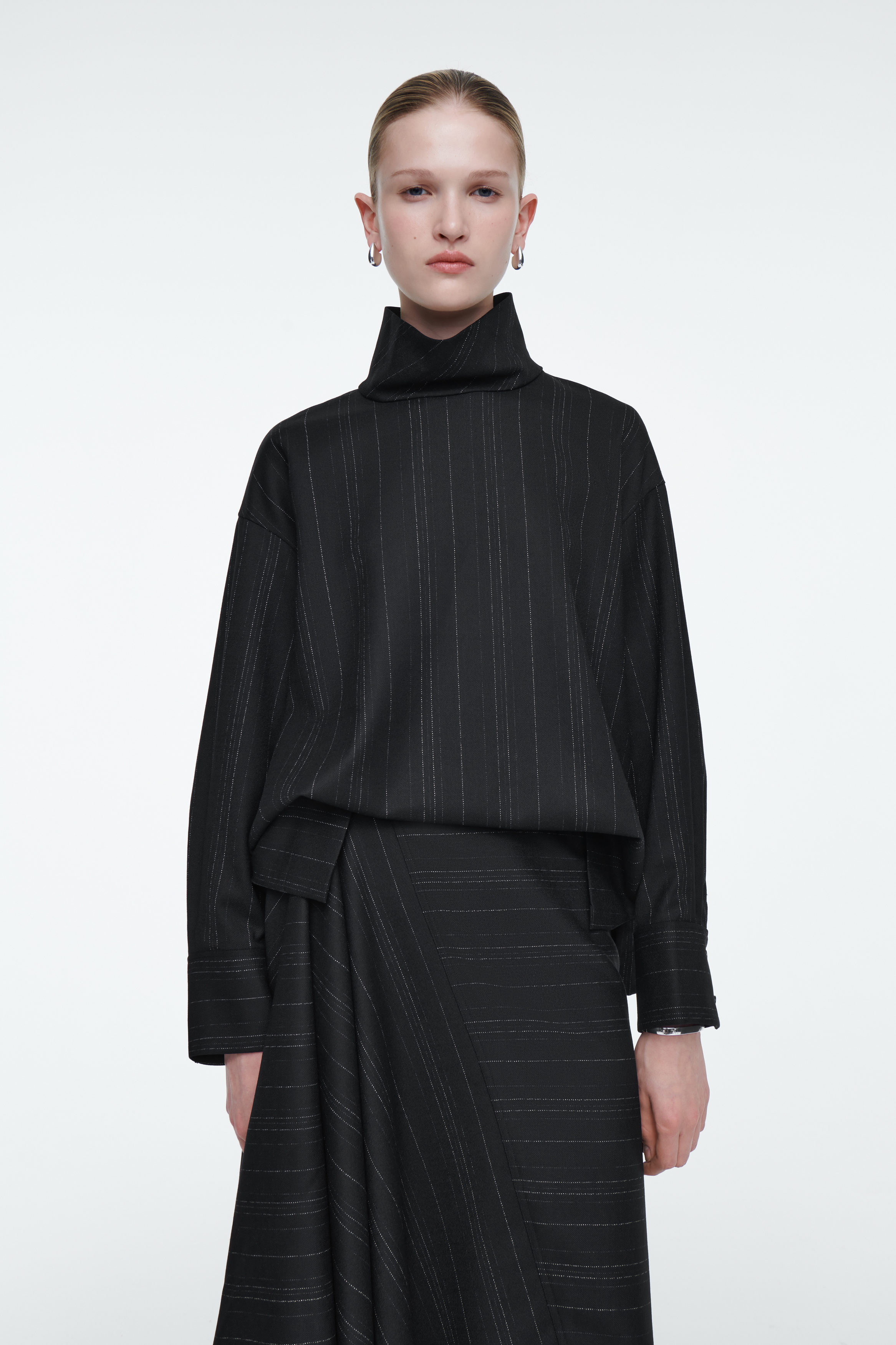 PINSTRIPED FUNNEL-NECK BLOUSE - BLACK / PINSTRIPED | COS