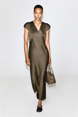 EMBROIDERED SATIN MIDI DRESS — BROWN 1