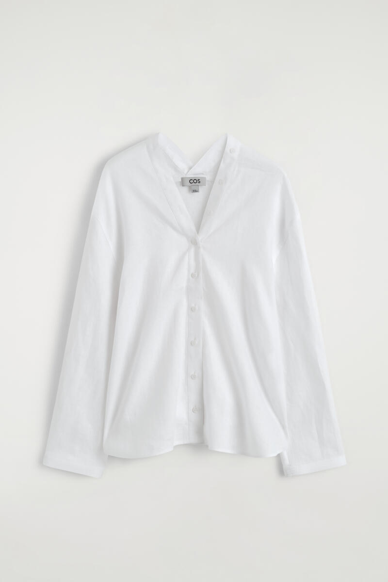 COS Button-Detail Linen V-Neck Shirt White Women's Size 42