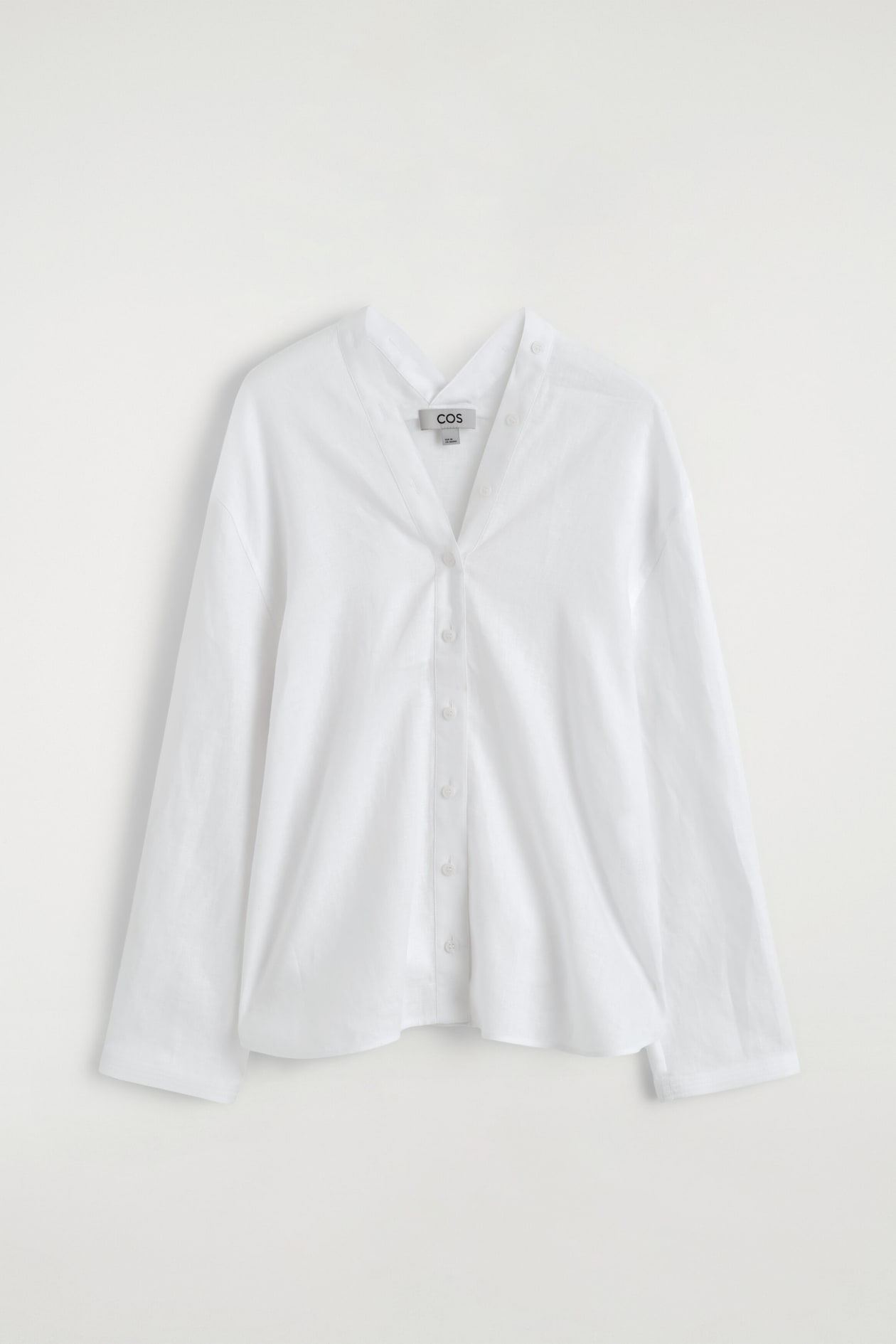 BUTTON-DETAIL LINEN V-NECK SHIRT — WHITE