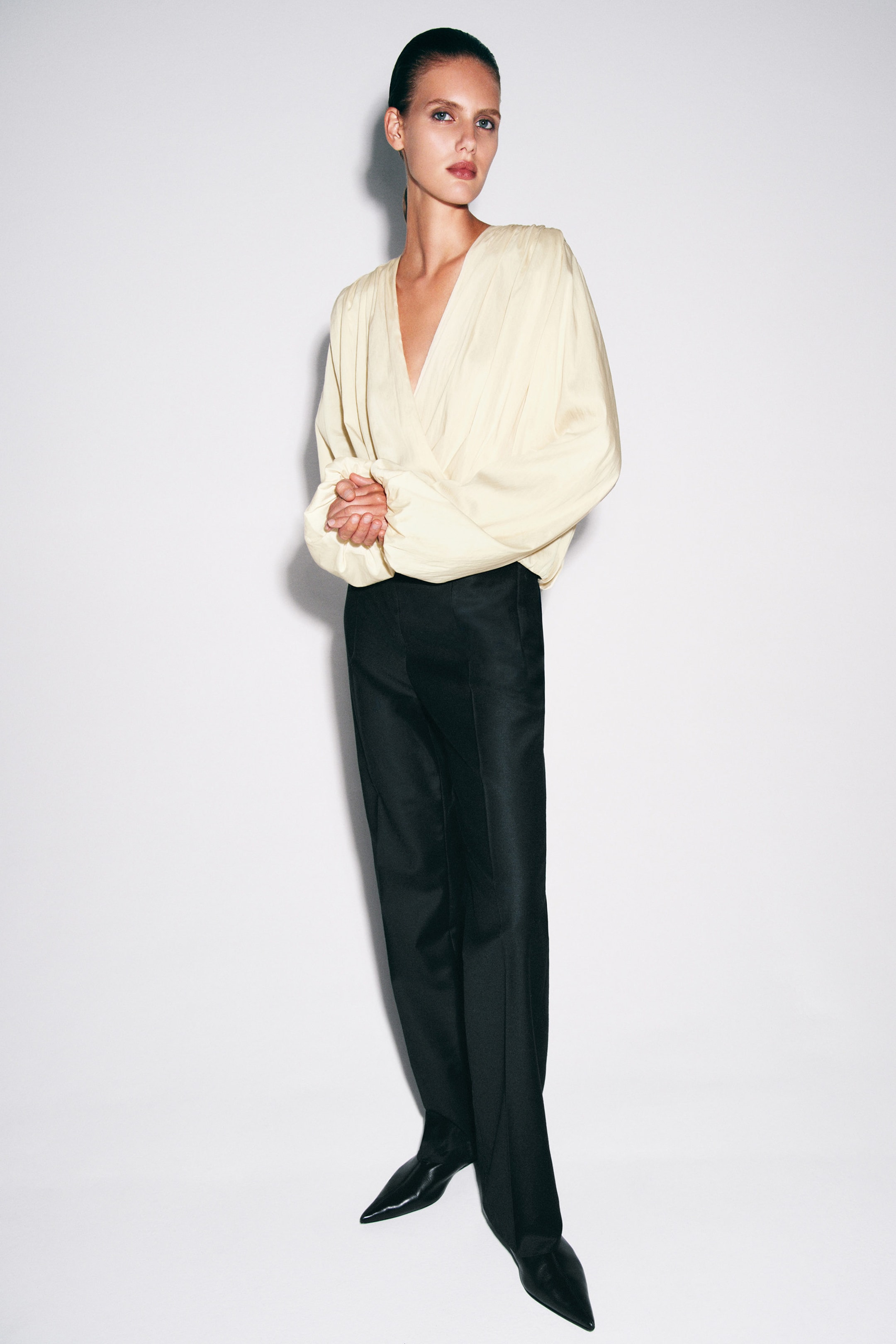 GATHERED WRAP-OVER BLOUSE