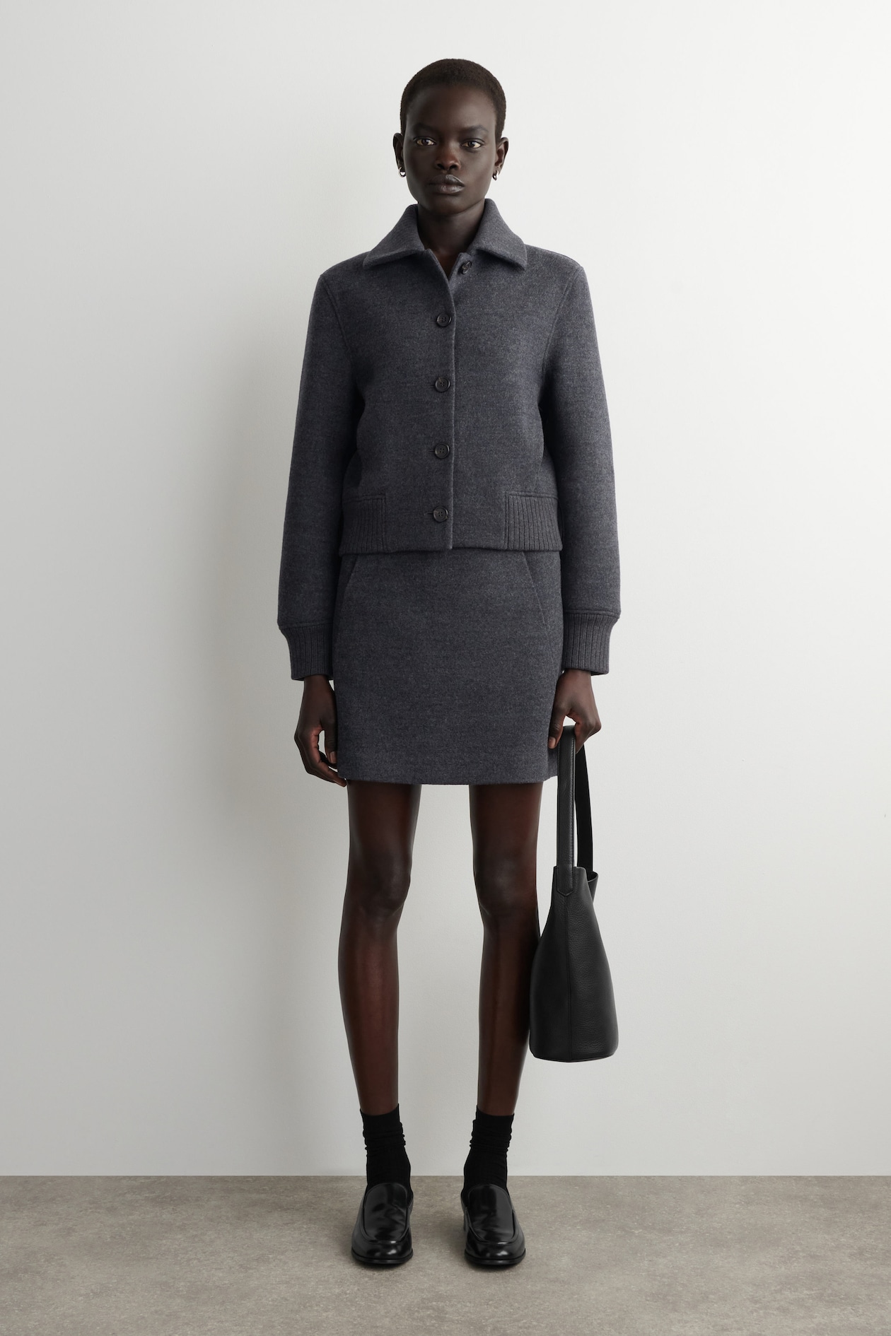 RIBBED-COLLAR BOILED MERINO WOOL JACKET — DARK GREY