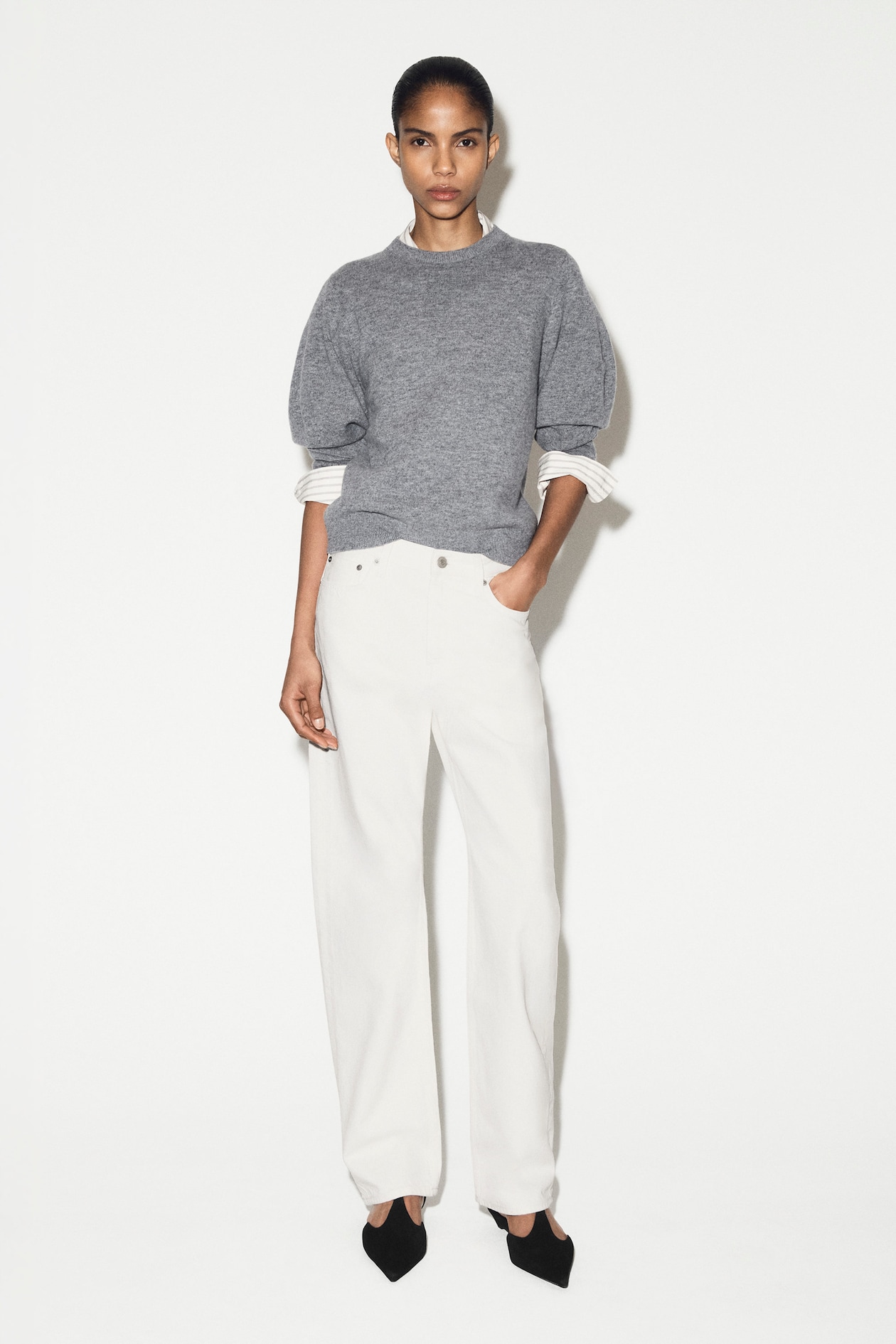 BALLOON-SLEEVE MERINO WOOL JUMPER — GREY