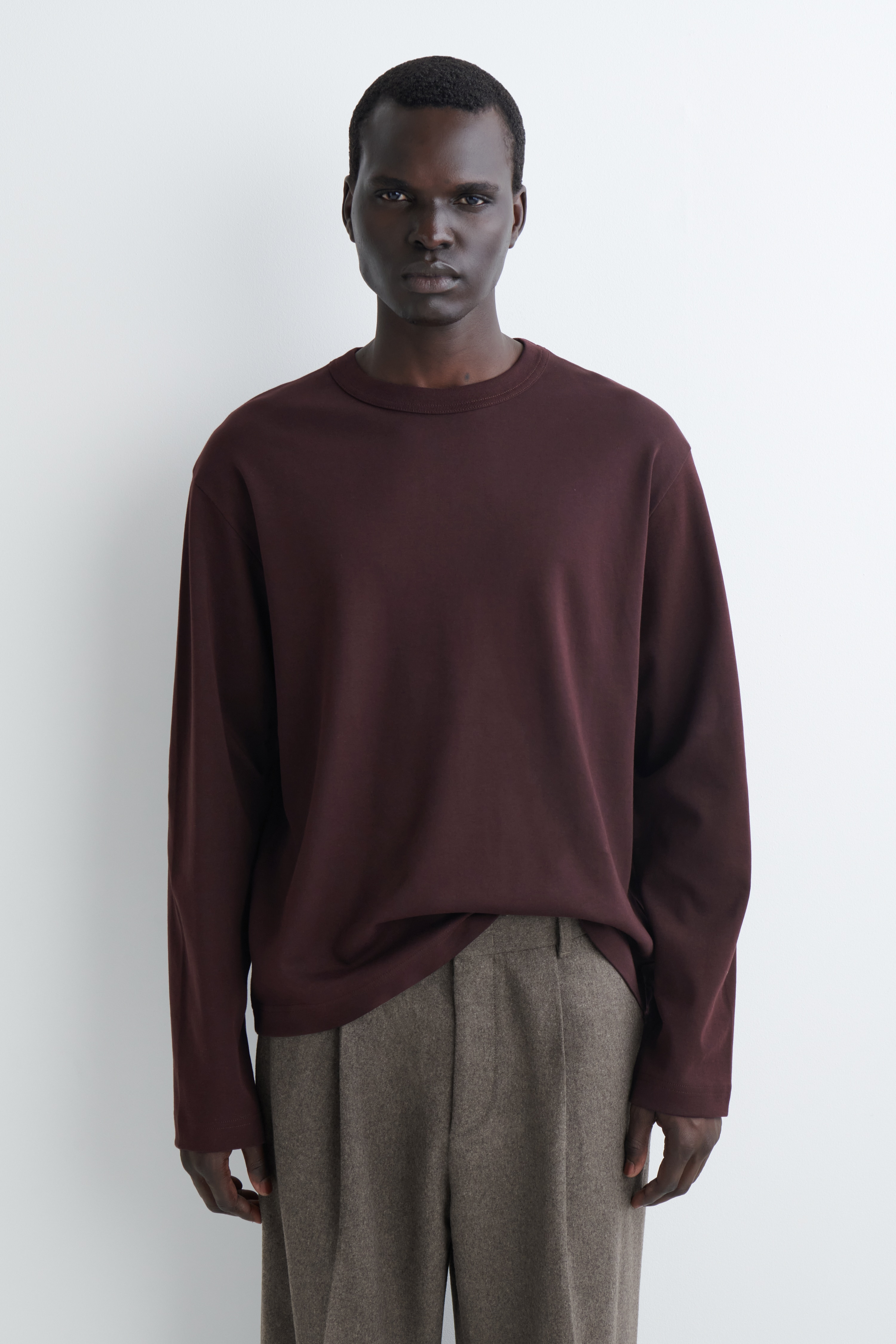 T-SHIRT Z DŁUGIM RĘKAWEM Z DZIANINY DWUŁOŻYSKOWEJ - BORDOWY/JASNONIEBIESKI/CZERWONY