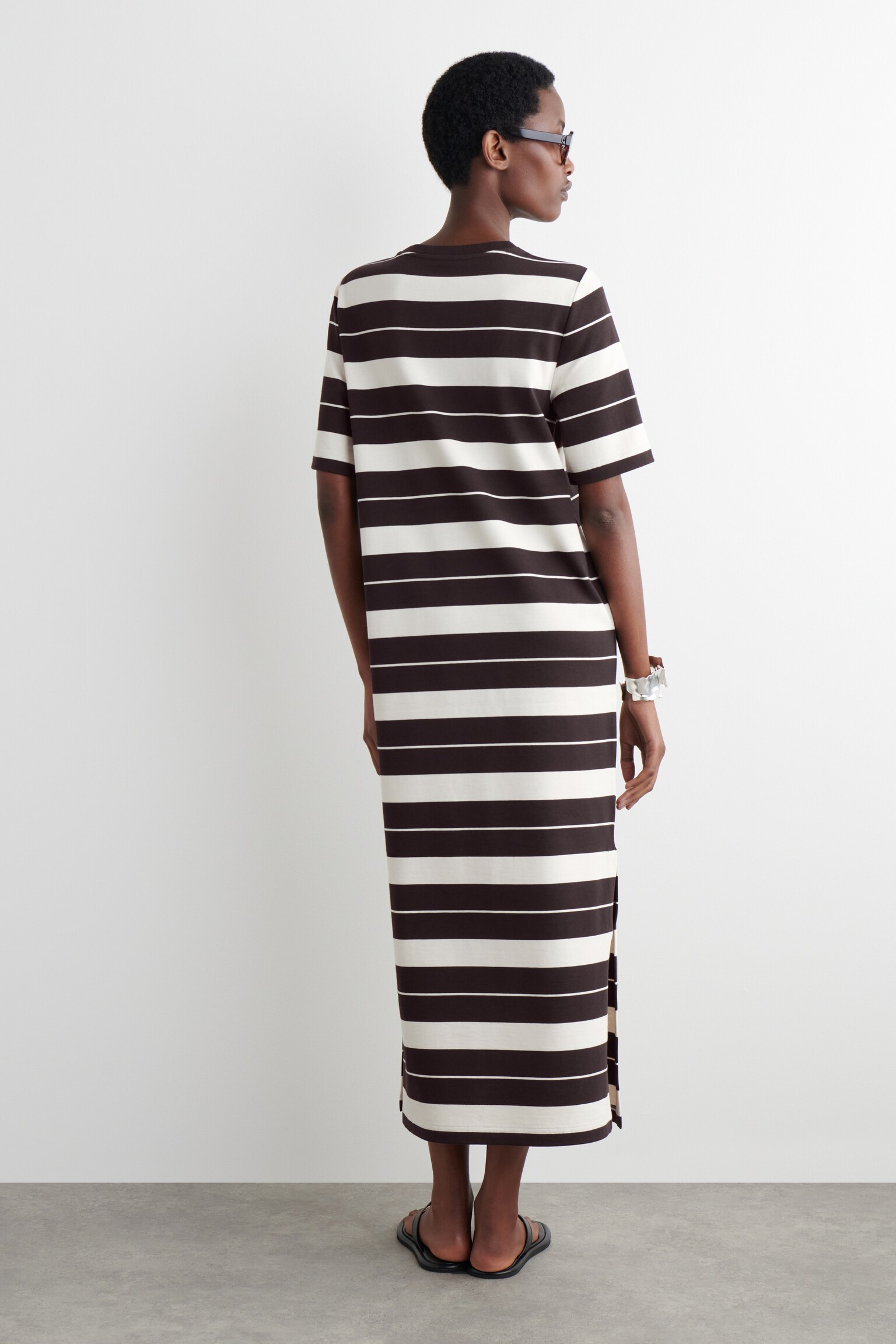 ROBE T-SHIRT MIDI EN COTON - BRUN / BLANC / RAYURES/NOIR/ORANGE - 3