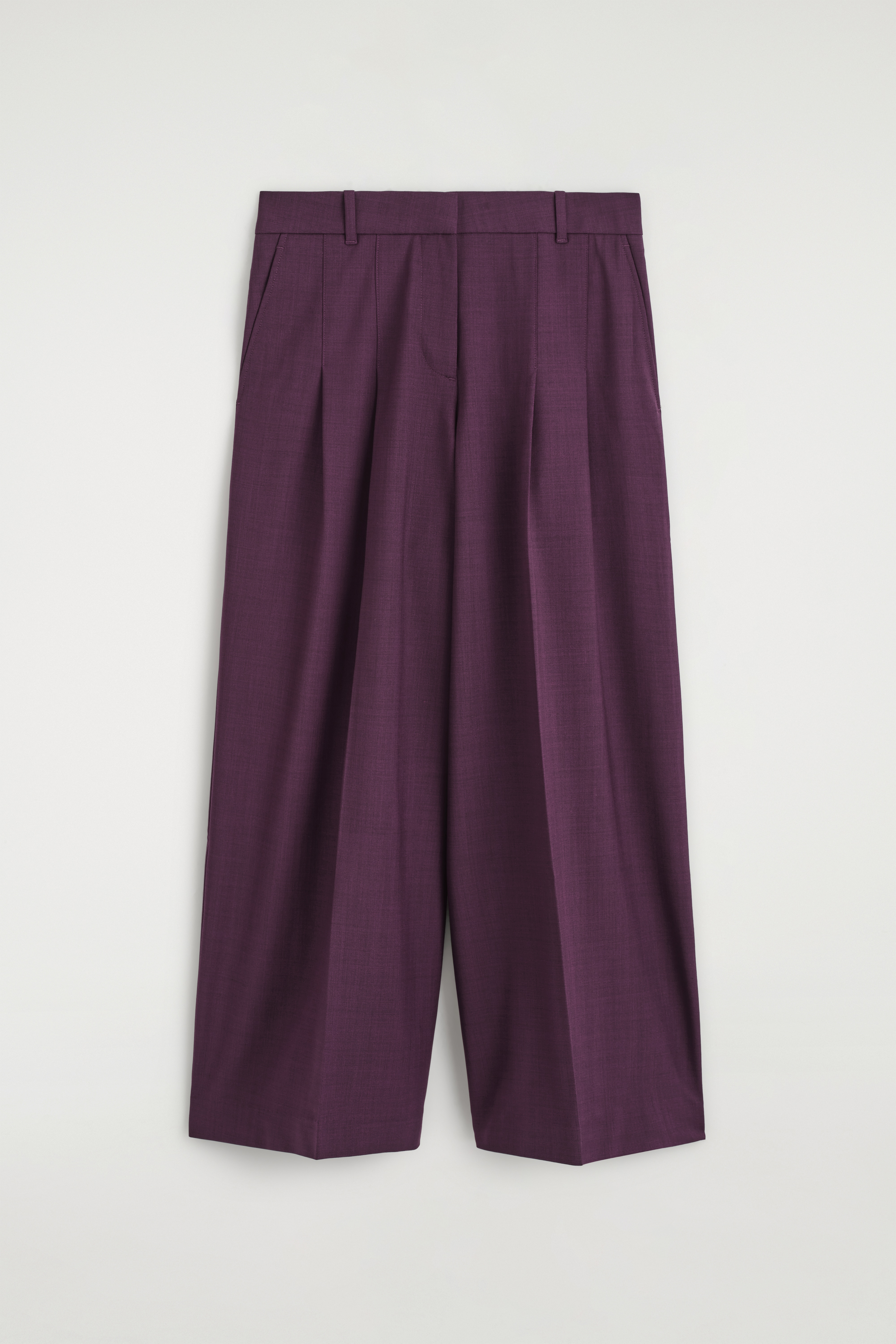 Un pantalon large en mÃ©lange de laine plissÃ©, couleur prune foncÃ©e, est portÃ© par le mannequin, qui se tient debout avec les mains dans les poches latÃ©rales. Ce pantalon taille haute prÃ©sente des plis sur le devant et est associÃ© Ã  une chemise blanche Ã  col rentrÃ©e Ã  lâintÃ©rieur, une ceinture en cuir noire et des chaussures plates noires.