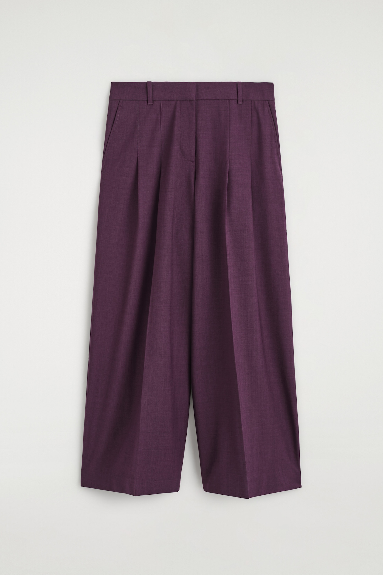 Pantaloni ampi in misto lana con pieghe, in un intenso viola prugna, mostrati frontalmente, con una fascia in vita strutturata con passanti per cintura e tasche laterali a filetto. I pantaloni evidenziano profonde pieghe frontali e nette pieghe centrali che percorrono l’intera silhouette ampia della gamba.